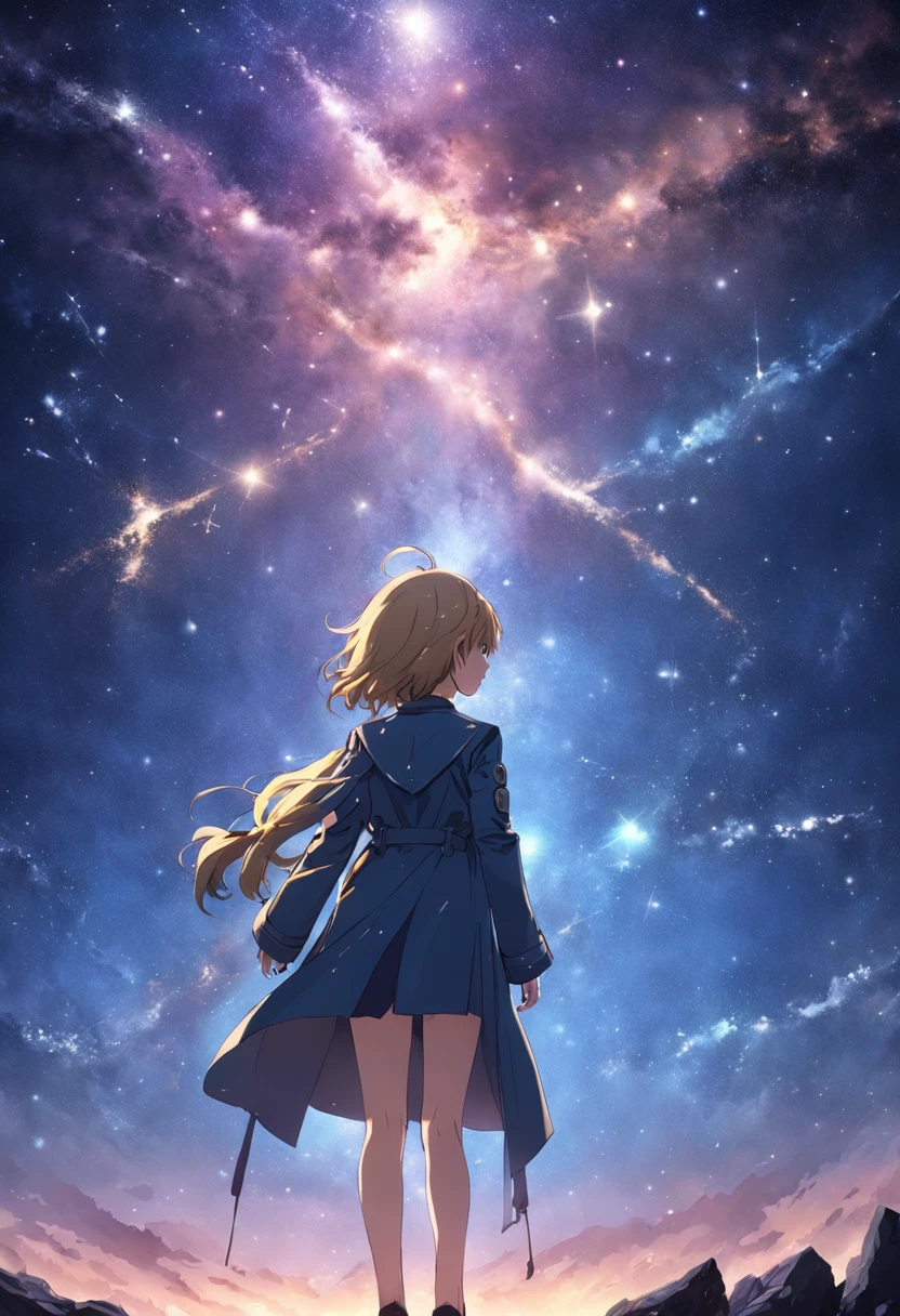 The entire galactic starry sky，Magnificent,Twinkling starlight，Boundless，Fantastic sights。shoun，Wear a trench coat，Hands reach out to the sky。