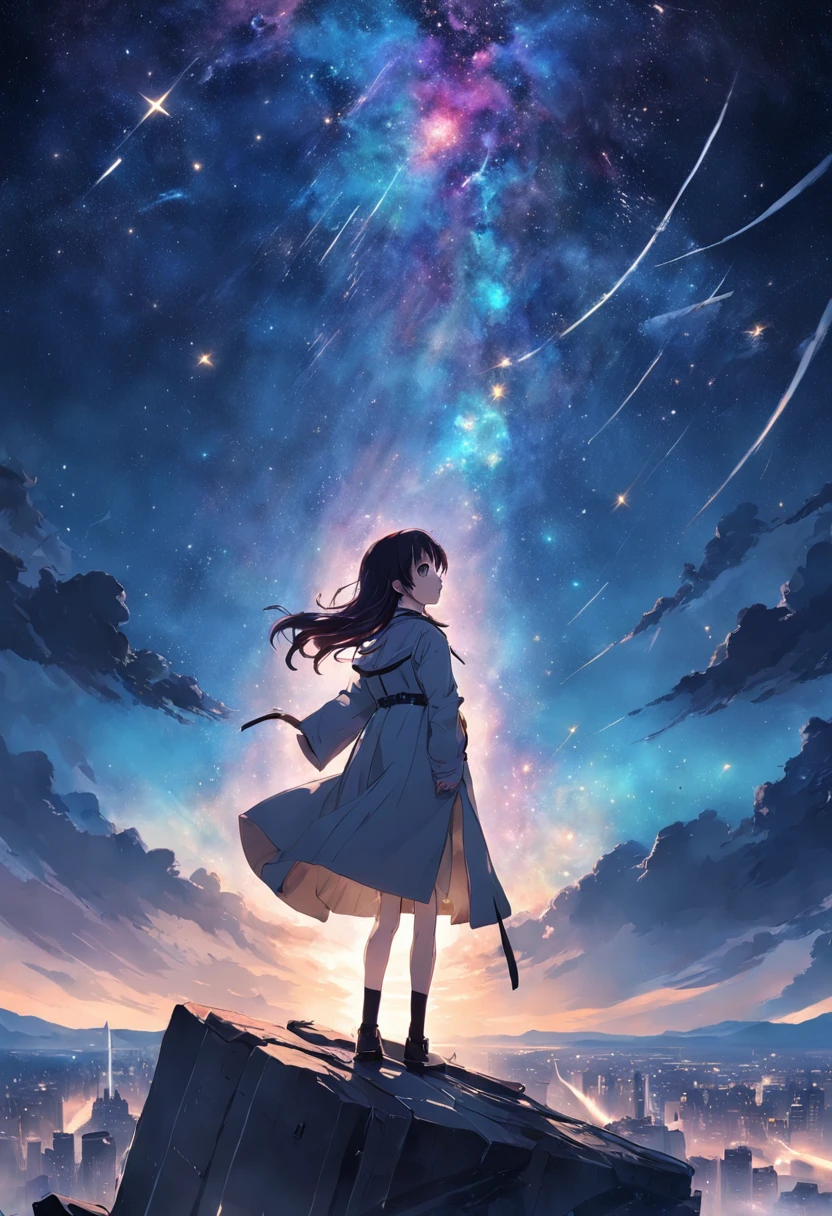 The entire galactic starry sky，Magnificent,Twinkling starlight，Boundless，Fantastic sights。shoun，Wear a trench coat，Hands reach out to the sky。