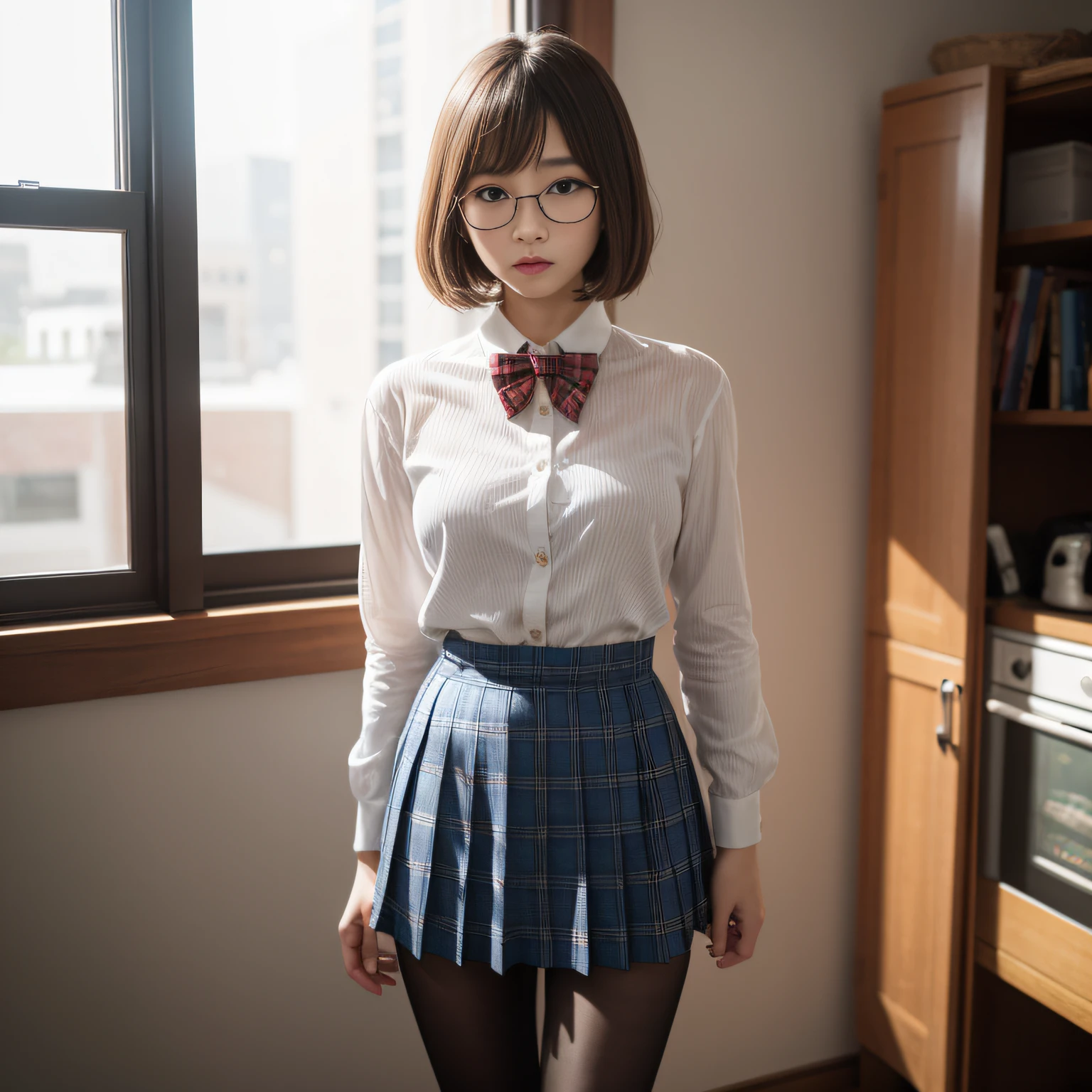 (8K、Raw photography、top-quality、masterpiece:1.2),de pele branca,Black pantyhose,absurderes,a small face,small tits,flat breast,Parting the bangs from the middle、Forehead visible,(Tight eyes,Bullish,skinny,Rasping,irate)、masterpiece,top-quality、超A high resolution,Raw photo,ren,Beautiful fece,One Person, 独奏,eye glass,,Dark look,Small breasts,fullllbody,Round glasses、cute little、A Japanese Lady,is standing,(Tight eyes,Bullish,skinny,Rasping,irate,small tits,flat breast)、(Photorealsitic:1.37)、Photon mapping,Light blue ribbon,Realistic、Cute little face,Brown-eyed、Black socks、(Red bow tie)、Radio City、Physically Based Rendering、Foreground、depth of fields、Blurry background、a picture,The girls、Body, Long legs, Thin leg,poneyTail,(Bangs are visible), hair, s lips, Blue_The eye, nosesoft,White shirt, Navy blue and white plaid pleated skirt, Knees are visible,Sheer clothing,, Thigh, Black cotton socks,Nogizaka Idol, 女優, Japanese ido