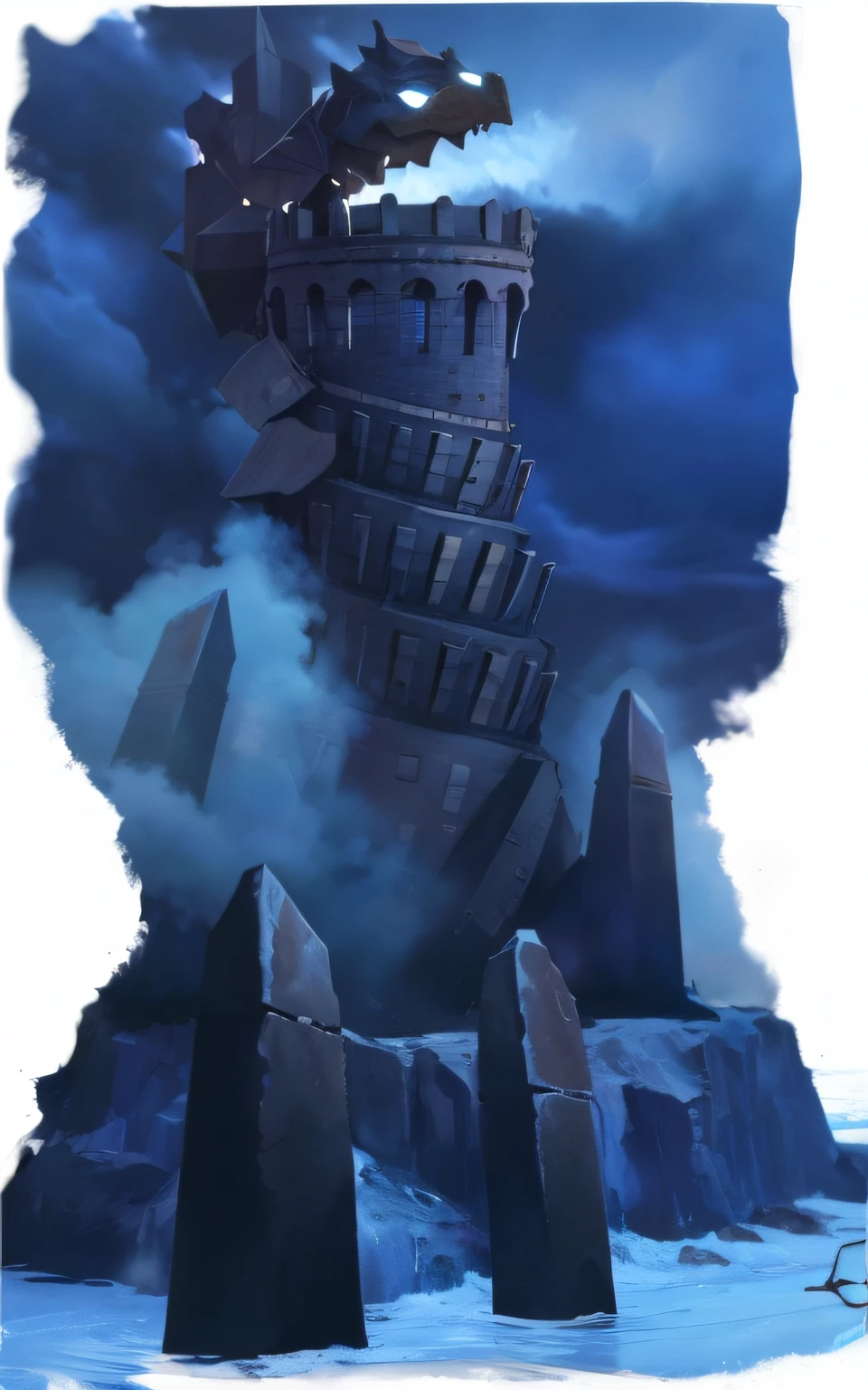 There is an image of a tower that is in the sky, torre gigante retorcida, torre colossal, pintura fosca arcano dota pixar, Torre do Mago, Torre do Mago, Torre pintada da lua, the great marble wizards tower, Torre Mage Longe, torre gigantesca, Obelisco de vidro do vazio, Arte conceitual da torre medieval gigante, the wizard's magical tower!!