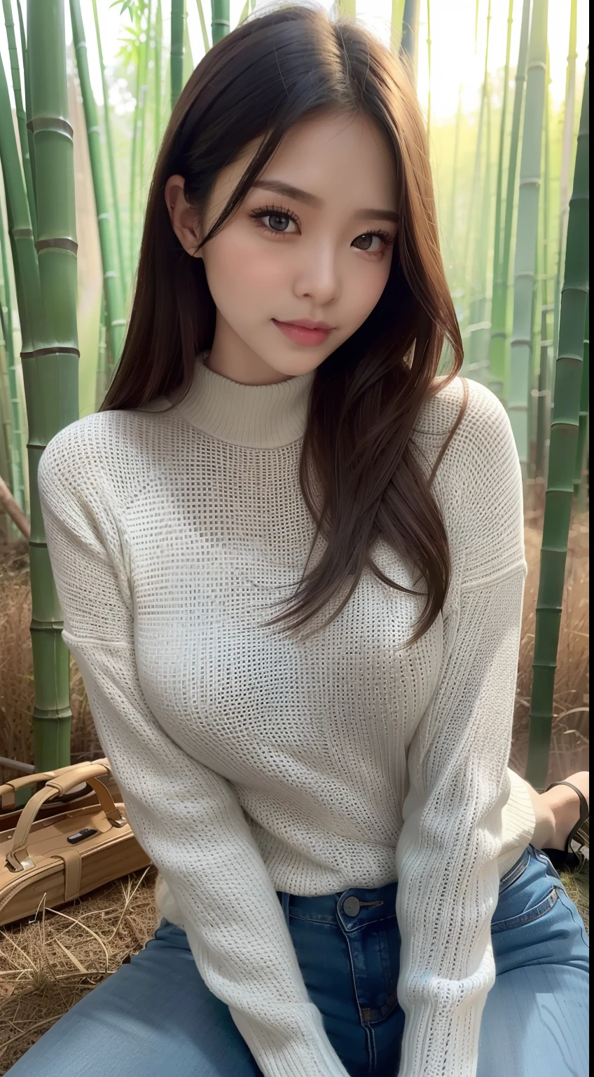 a pregirl，looking at viewert，Tight sweater，skintight jeans，photore, realisticlying, Best quality at best， 详细的脸，Detailed eyes，Sitting on the mossy ground in a bamboo forest， diffuselighting, depth of fields