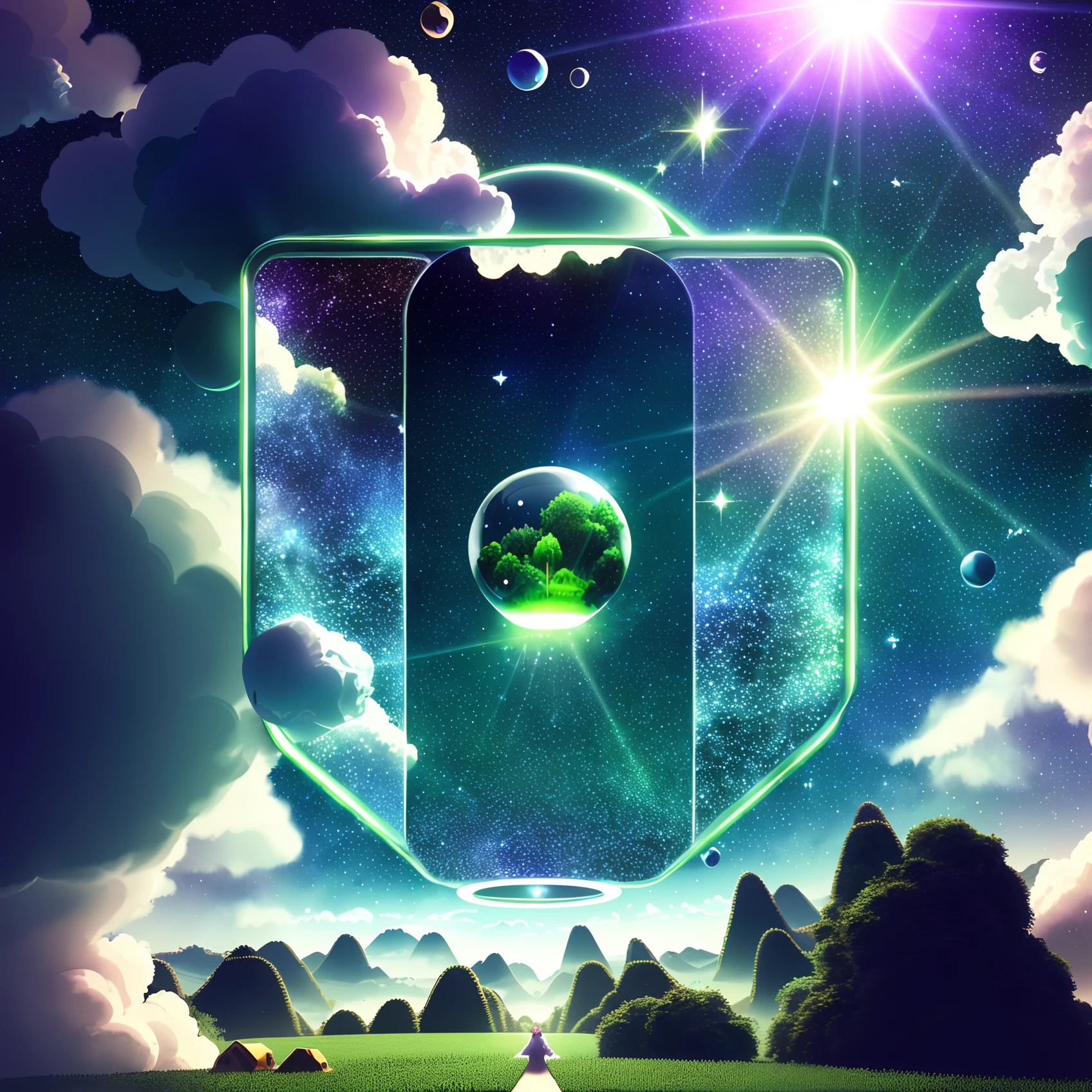 A giant mirror sphere floating in space, flickering lights, sad hamster lost (heaven like green fields surrounded by high mountains and clouds:1.3), particles in the air, god rays, stars in the background, intricate fractals, detailed, (illustration), masterpiece, high resolution, best quality.