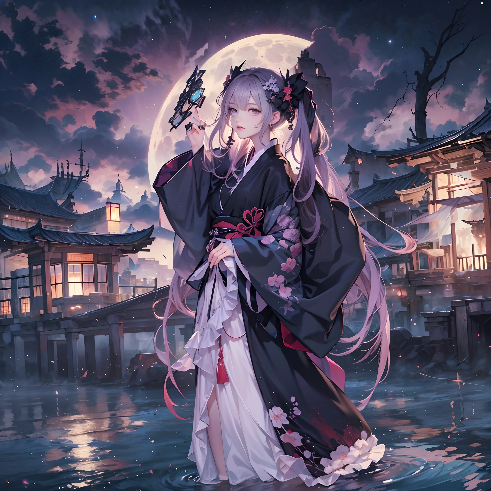 odd eye、Wearing a gorgeous black kimono、Infinitely low exposure、8ｋAnime Artwork、Background Ancient capital、Moonlit night background