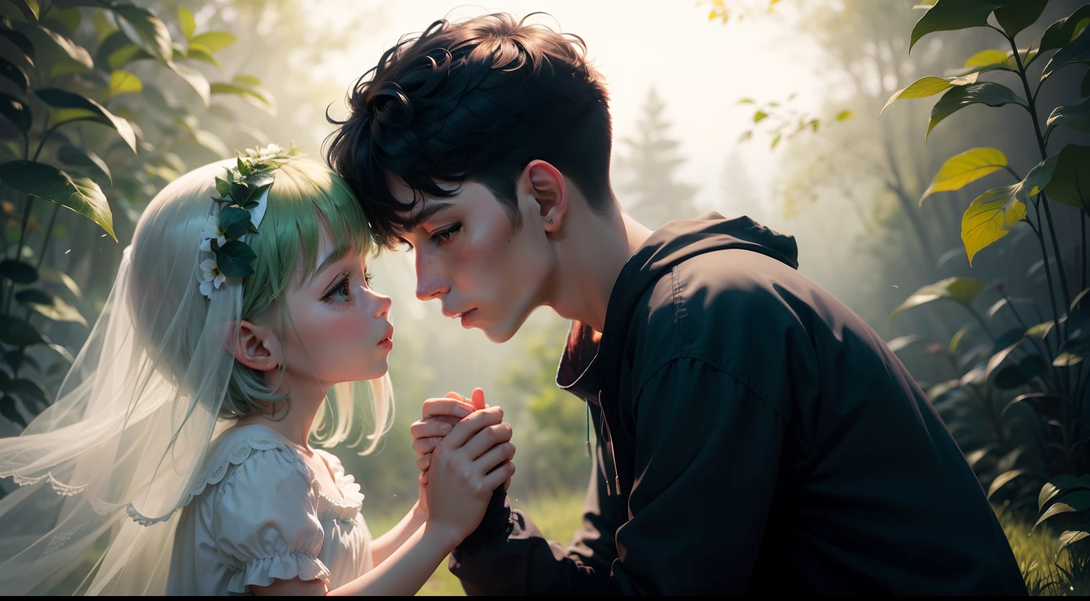 There's a boy and a girl facing each other, cabelos ruivos e roupa verde escura, arte ilustrativa infantil, uma floresta densa, um vilarejo, neblina e um gato preto