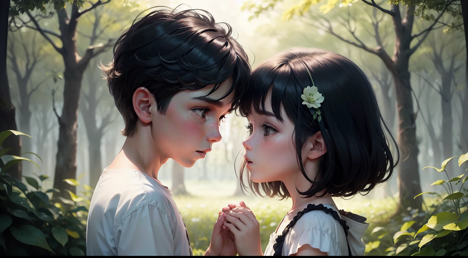 There's a boy and a girl facing each other, cabelos ruivos e roupa verde escura, arte ilustrativa infantil, uma floresta densa, um vilarejo, neblina e um gato preto
