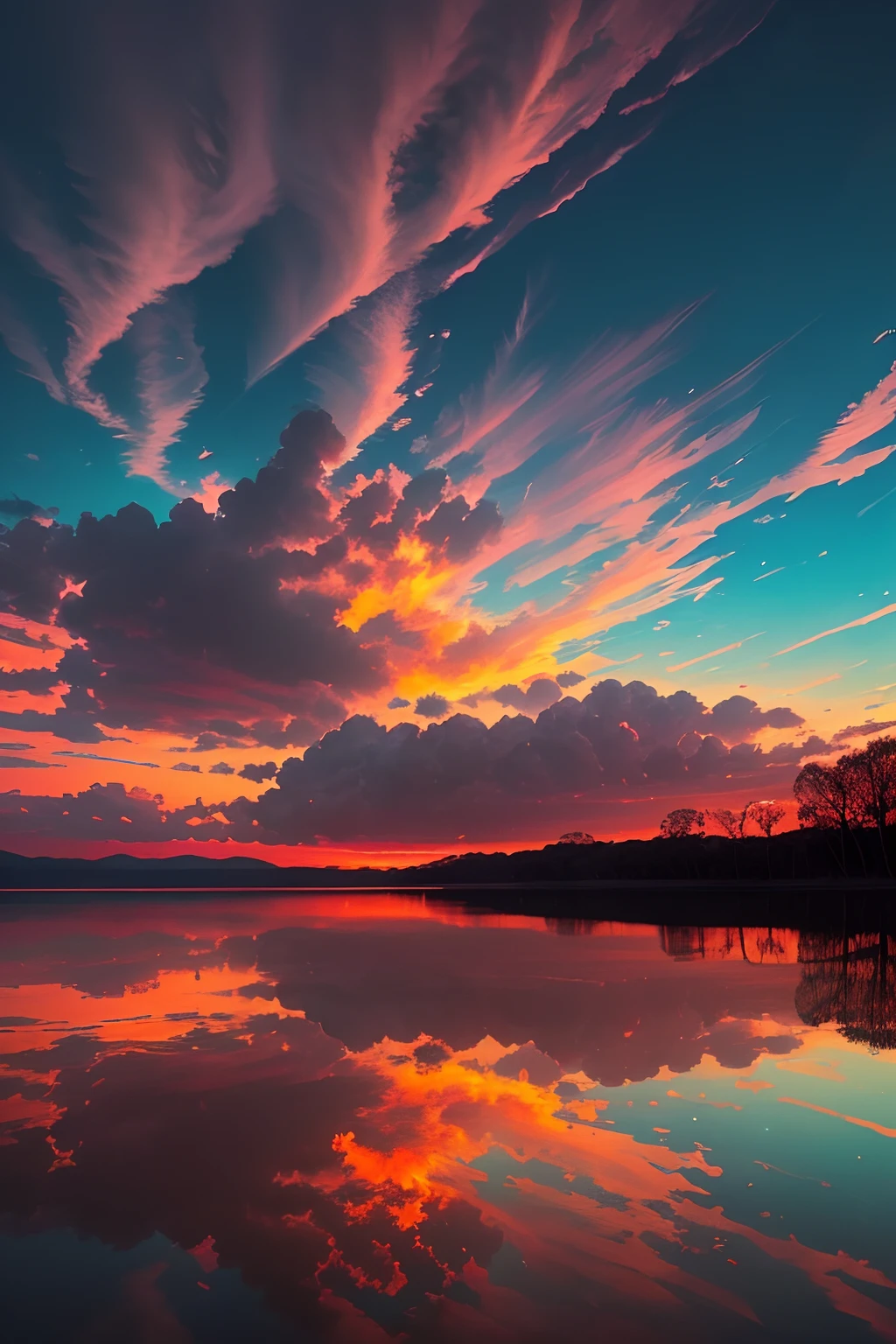there is a beautiful sunset with a lake and trees in the background, colorful skies, surreal colors, colorful sunset, colorful sky, marvellous reflection of the sky, stunning sky, dream like atmosphere 8k, colorful clouds, colors reflecting on lake, surreal sky, red and blue reflections, fire reflection, beautiful sky, beautiful and spectacular dusk, beautiful dreamy landscape, amazing sky --auto --s2