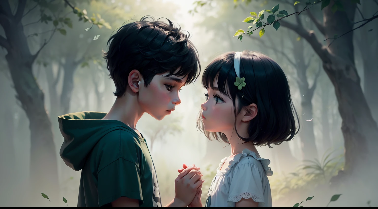 There's a boy and a girl facing each other, cabelos ruivos e roupa verde escura, arte ilustrativa infantil, uma floresta densa, um vilarejo, neblina e um gato preto