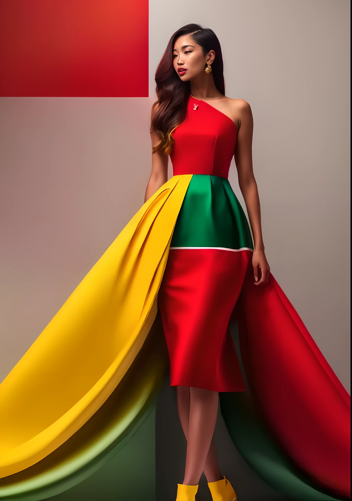 a woman in a red, yellow and green dress and yellow heels, red green yellow color scheme, colorful with red hues, colorful fashion, colorful dress, red yellow, red-yellow colors, red and yellow, red+yellow colours, red and yellow color scheme, yellow and red, bright colors with red hues, red and yellow scheme, red and teal and yellow