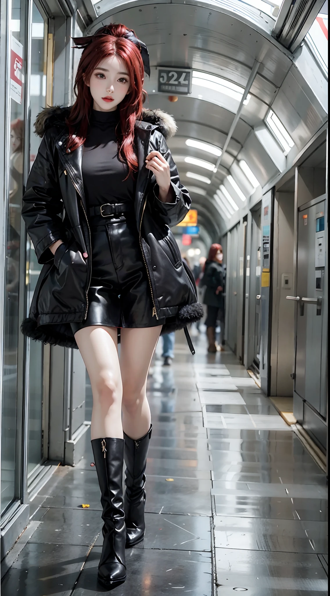 1girl,red hair,black feather coat,high heel,tunnel,full body