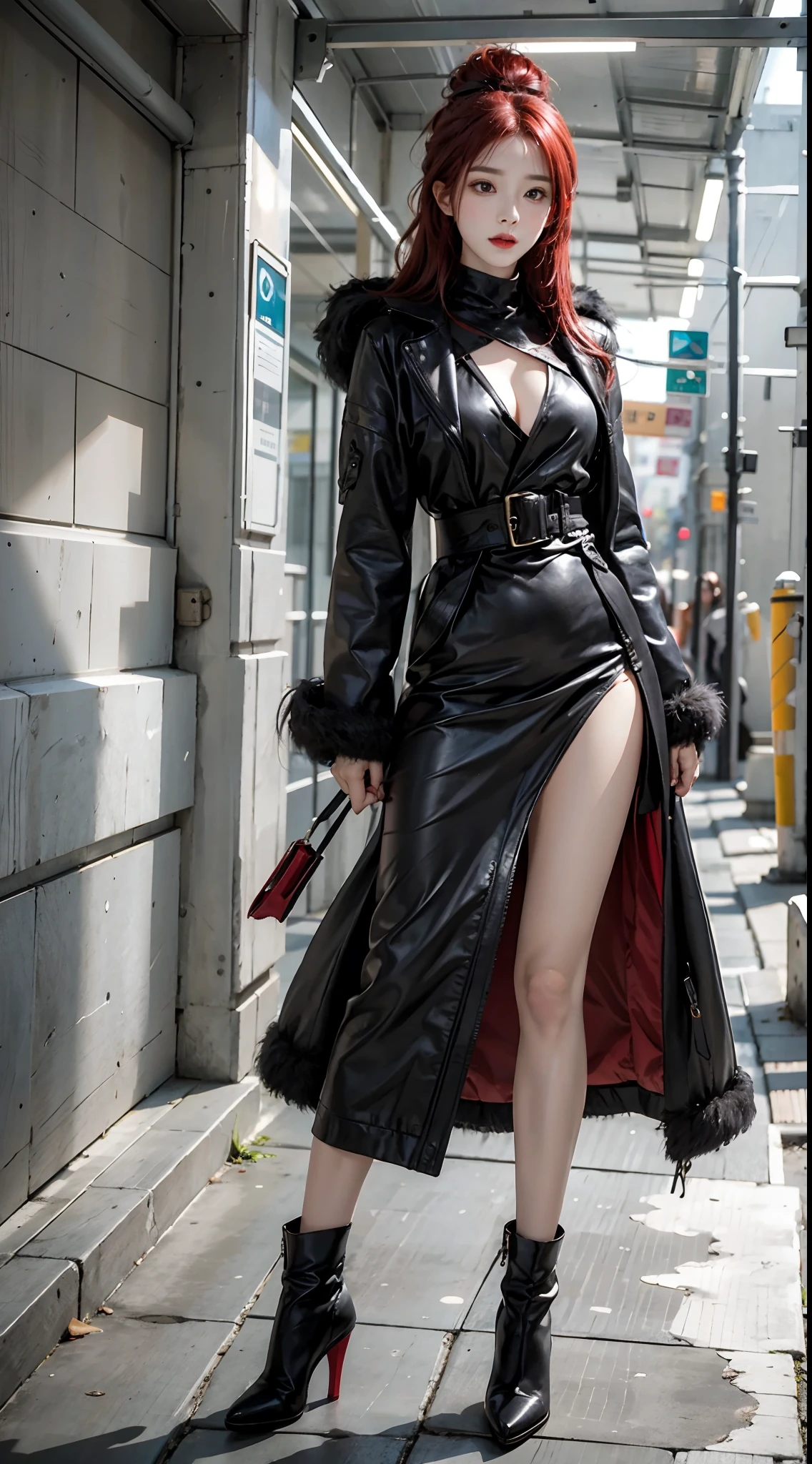 1girl,red hair,black feather coat,high heel,tunnel,full body