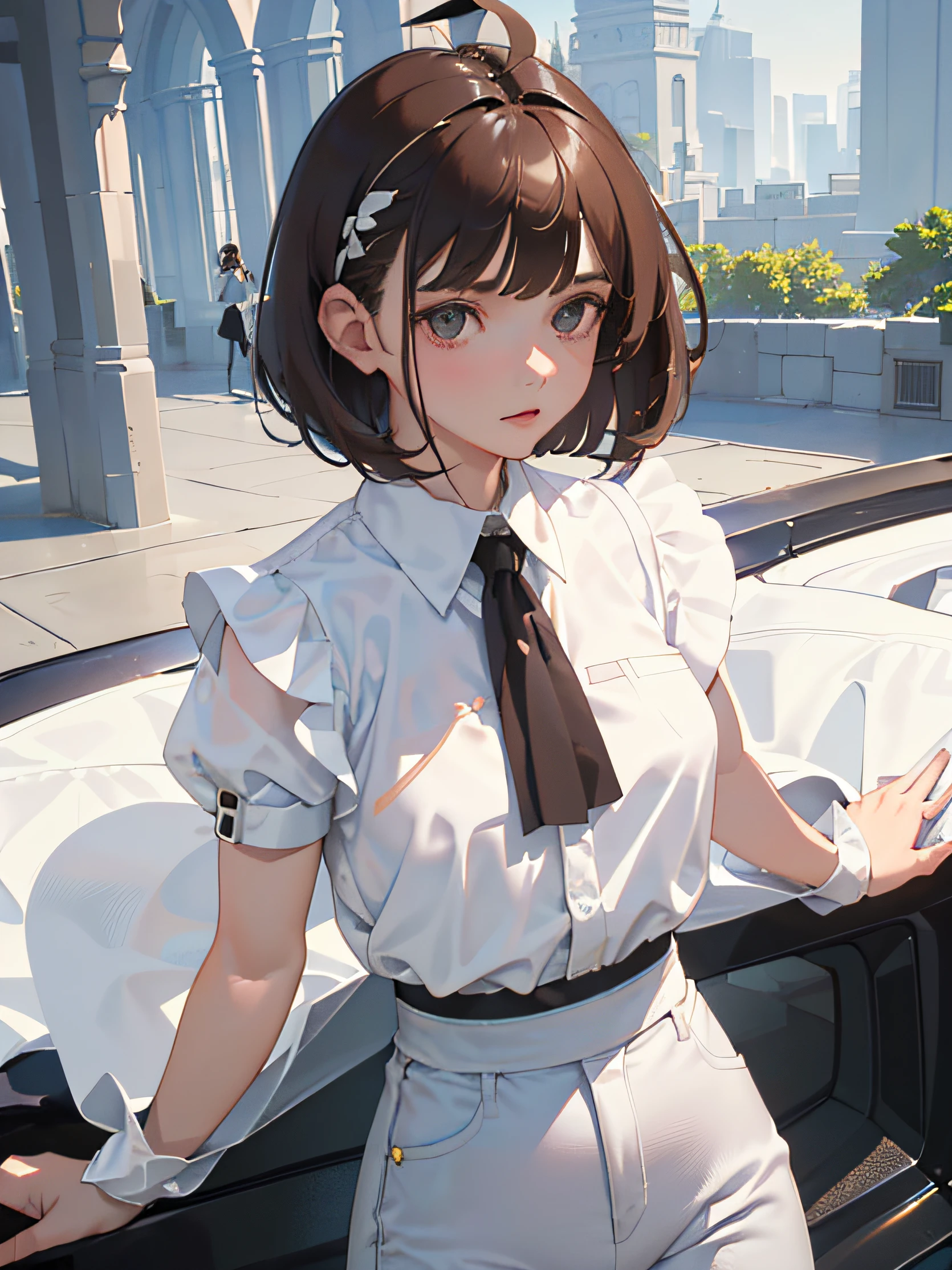 ((masterpiece, best quality)), (1girl), (solo), (female focus), (ahoge,brown hair, short hair), black eyes, ((white shirt), (buttoned shirt)), ((Black pants),(shorter pants)),standing on your feet,white backgrounid,Fold your arms to your chest,