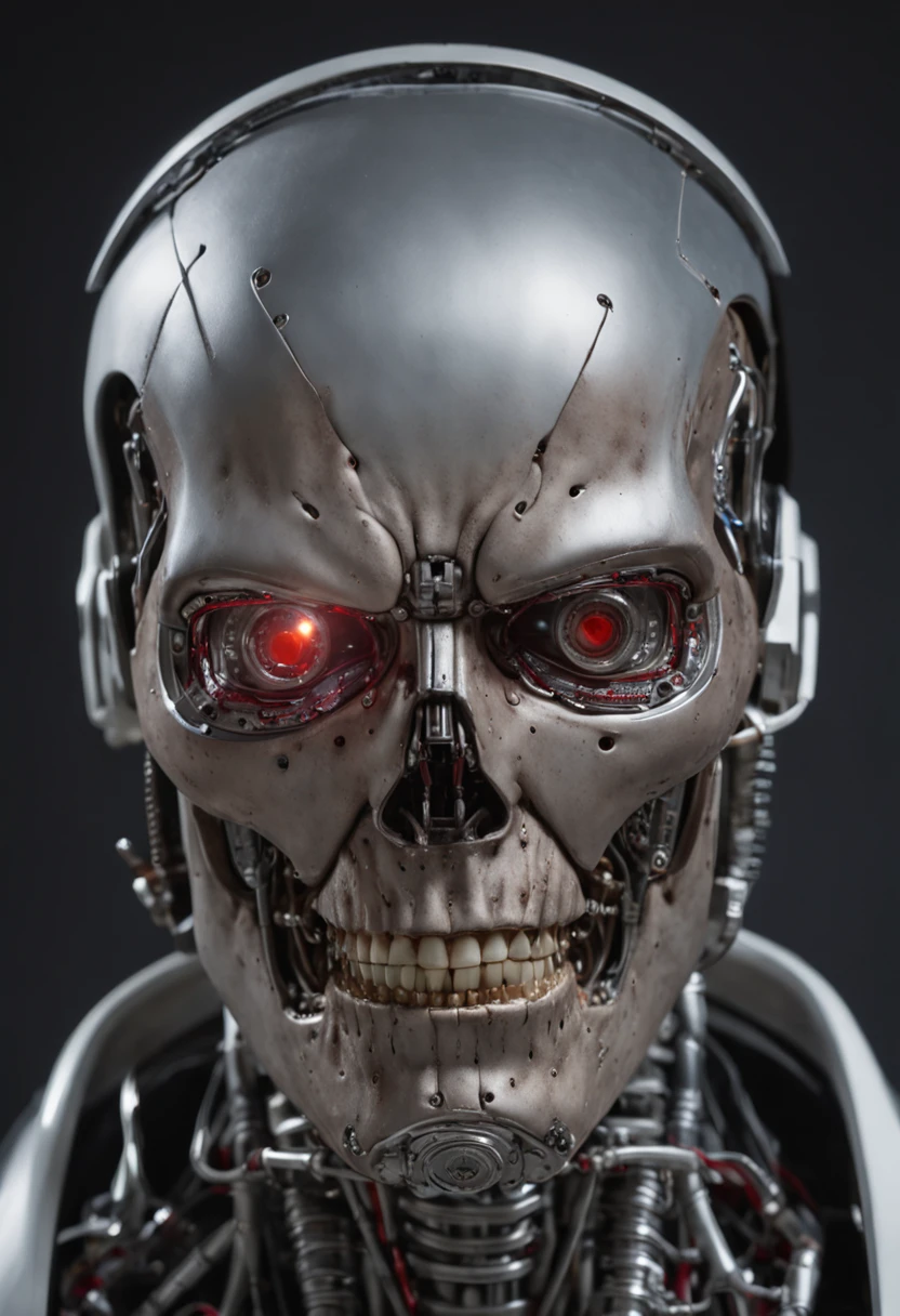 Menacing T-800 type metal terminator cyborg and its Led Eyes and other mechatronic mechanisms, removes its disguise with both hands contemplating its mask, a Normal Human face made silicone similar to human skin, the face is friendly, pleasant and smiling, reveals become the real threat that will destroy humanity! Hyperrealistic high definition image