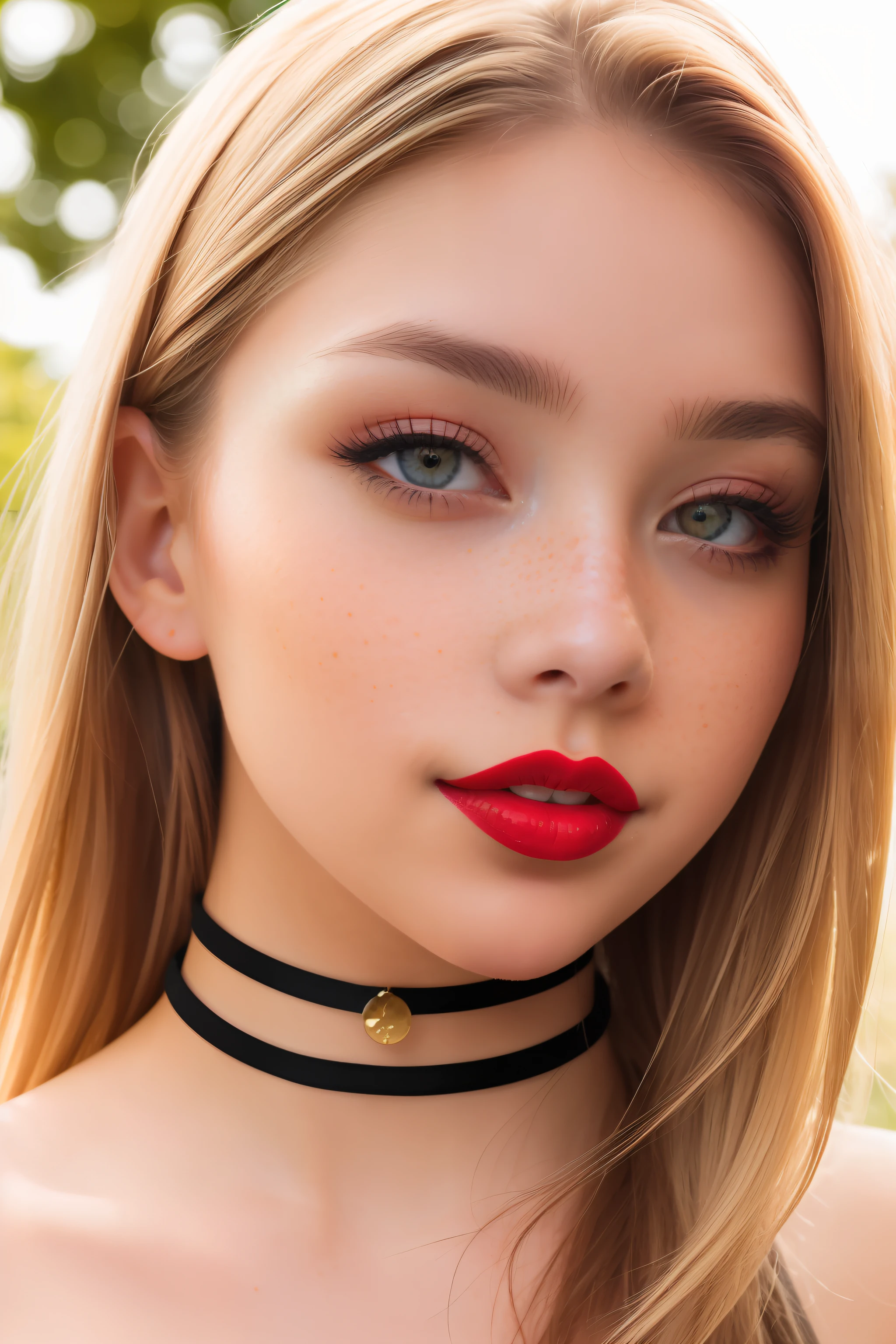 red lipstick, (detailed eyes), , realistic lighting, freckles, choker, (background in public park:1.2), (sunny:1.3), , , naked, sexy, medium breast, blonde hair, full body, sexy body