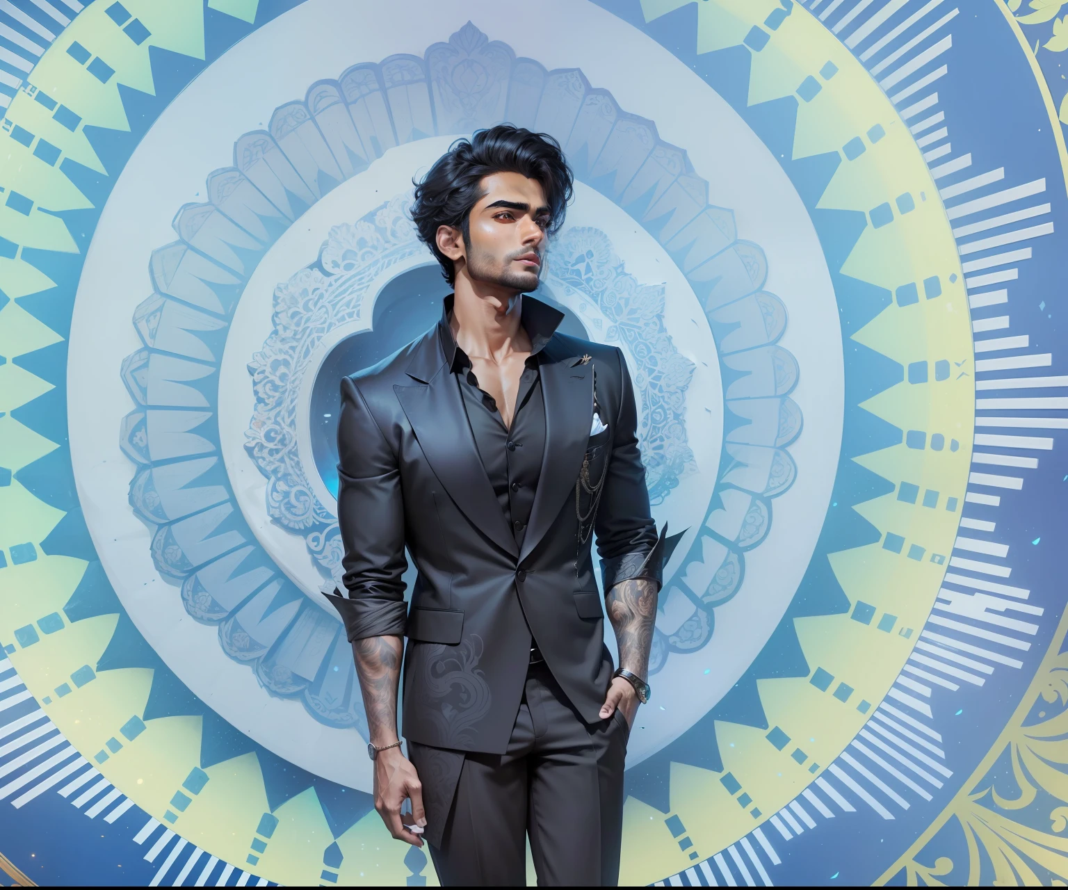 Indian Handsome 25-year-old man, in a black Suit, gorgeous, clean face, showing in 4k format, intricate work of magical art, movie poster, in cgsociety trends, complex, epic, from Ilya Repin, very detailed bright, staged rendering of the character, super high quality model, beautiful face, background in style bokeh
