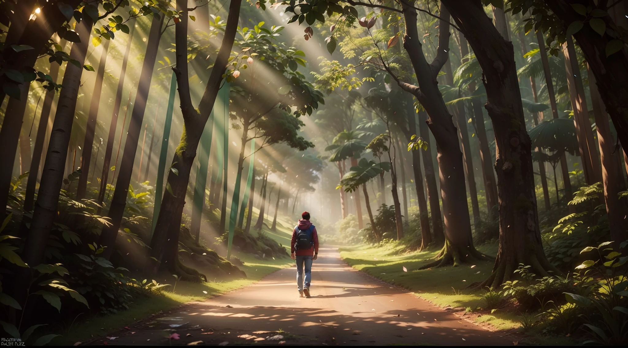 Rapaz no meio da floresta, esta chovendo muito, floresta densa, 4k.