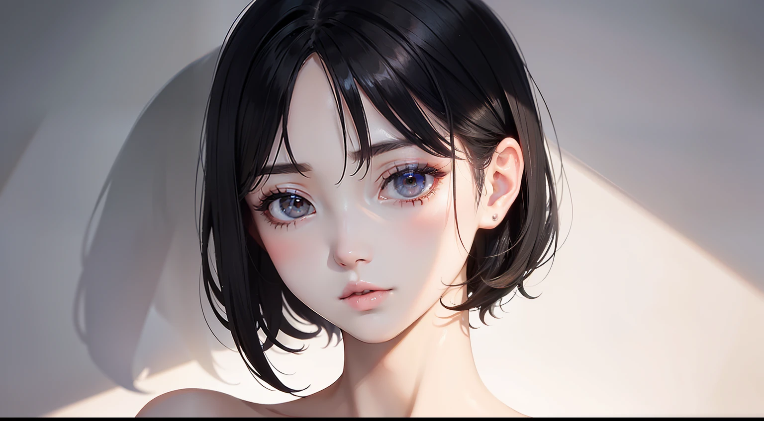 tmasterpiece,best qualtiy,1 girlirl,Short flowing black hair,Short white dress,The skin is white and delicate,Delicate and beautiful face,Elaborate Eyes,Extreme light and shadow