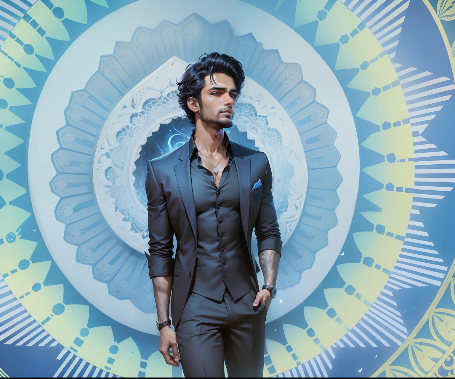 Indian Handsome 25-year-old man, in a black Suit, gorgeous, clean face, showing in 4k format, intricate work of magical art, movie poster, in cgsociety trends, complex, epic, from Ilya Repin, very detailed bright, staged rendering of the character, super high quality model, beautiful face, background in style bokeh