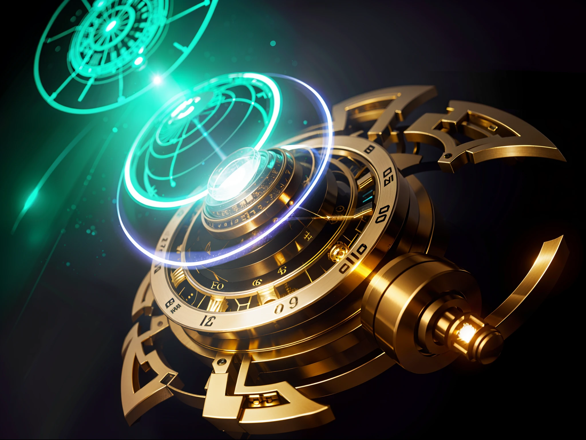 There is a clock，There are glowing lamps on it, Epic concept art. Bokeh, the orb of time, inter dimensional clockwork, infinite space clock background， astral clockwork, arte renderizada, magical glowing time portal, fantasy game spell symbol, Vivid steampunk concept, rendered in keyshot, rendered in octane render 32k, super detailed render