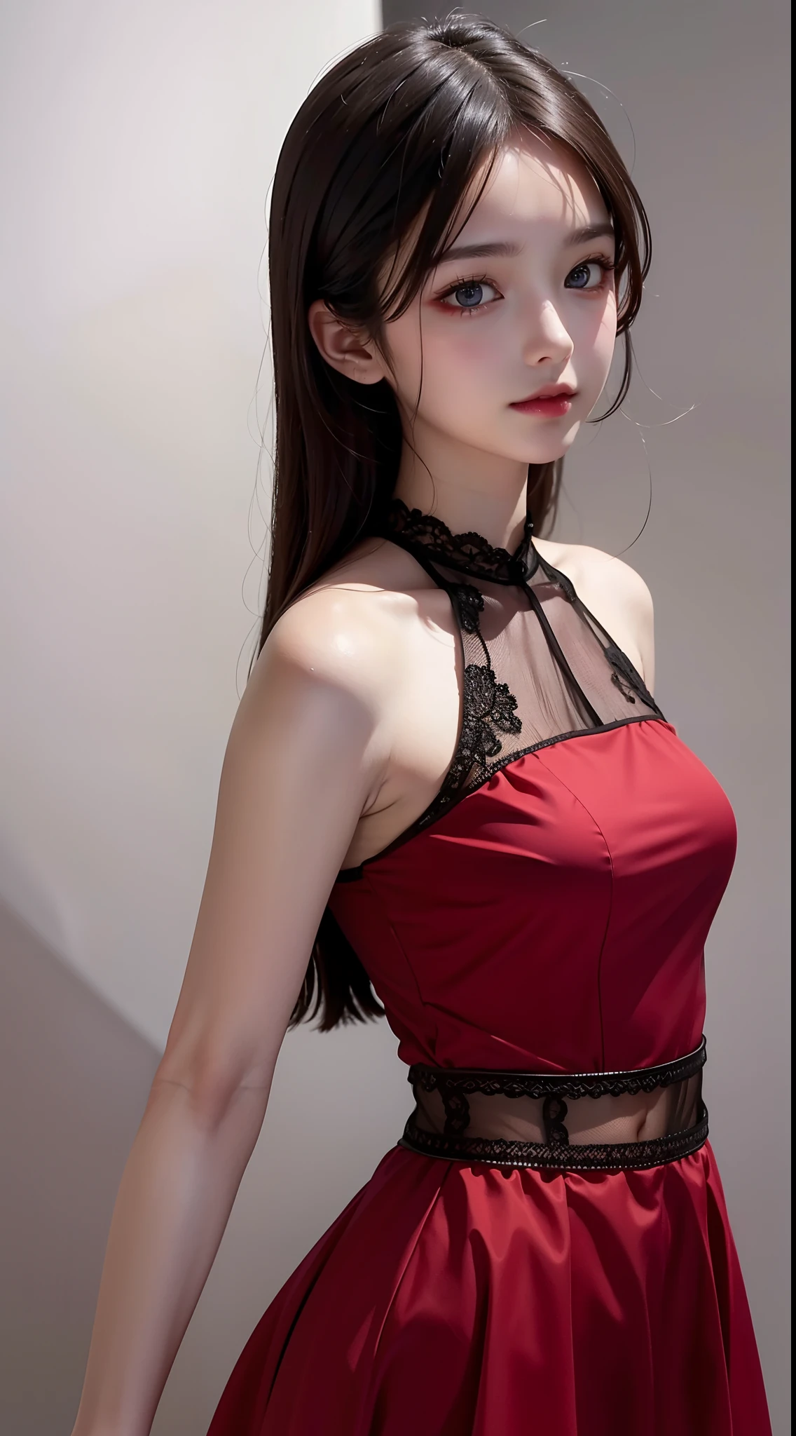 8K ultra hd, Masterpiece, beautiful cute girl, cute face, detailed eyes, medium breathe, red dress, fantacy dress,dim light, cool background, side pose, whole body capture,