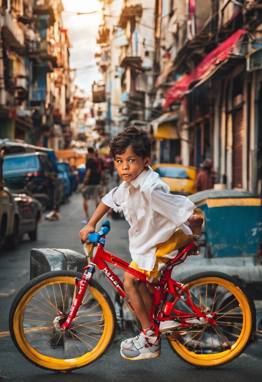 picture of a boy in a white shirt red shorts yellow sneakers on a bicycle running between cars