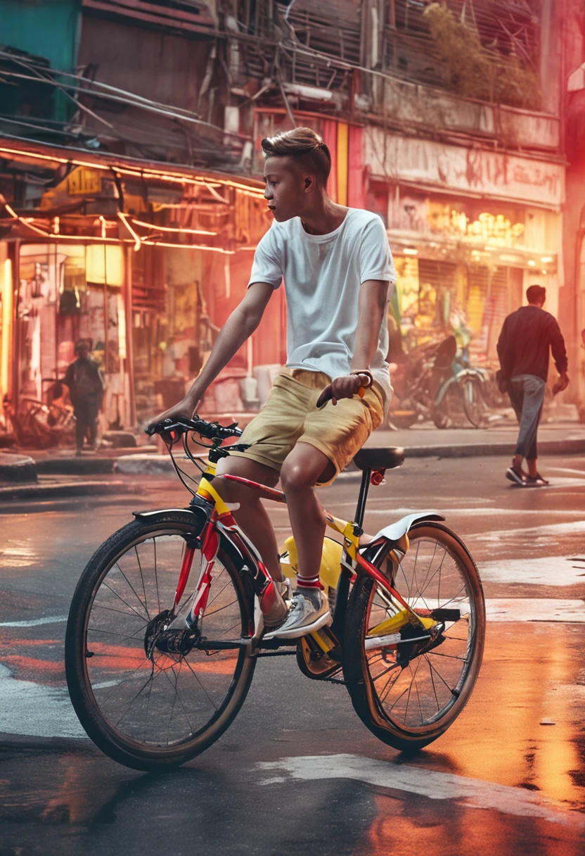 picture of a boy in a white shirt red shorts yellow sneakers on a bicycle running between cars