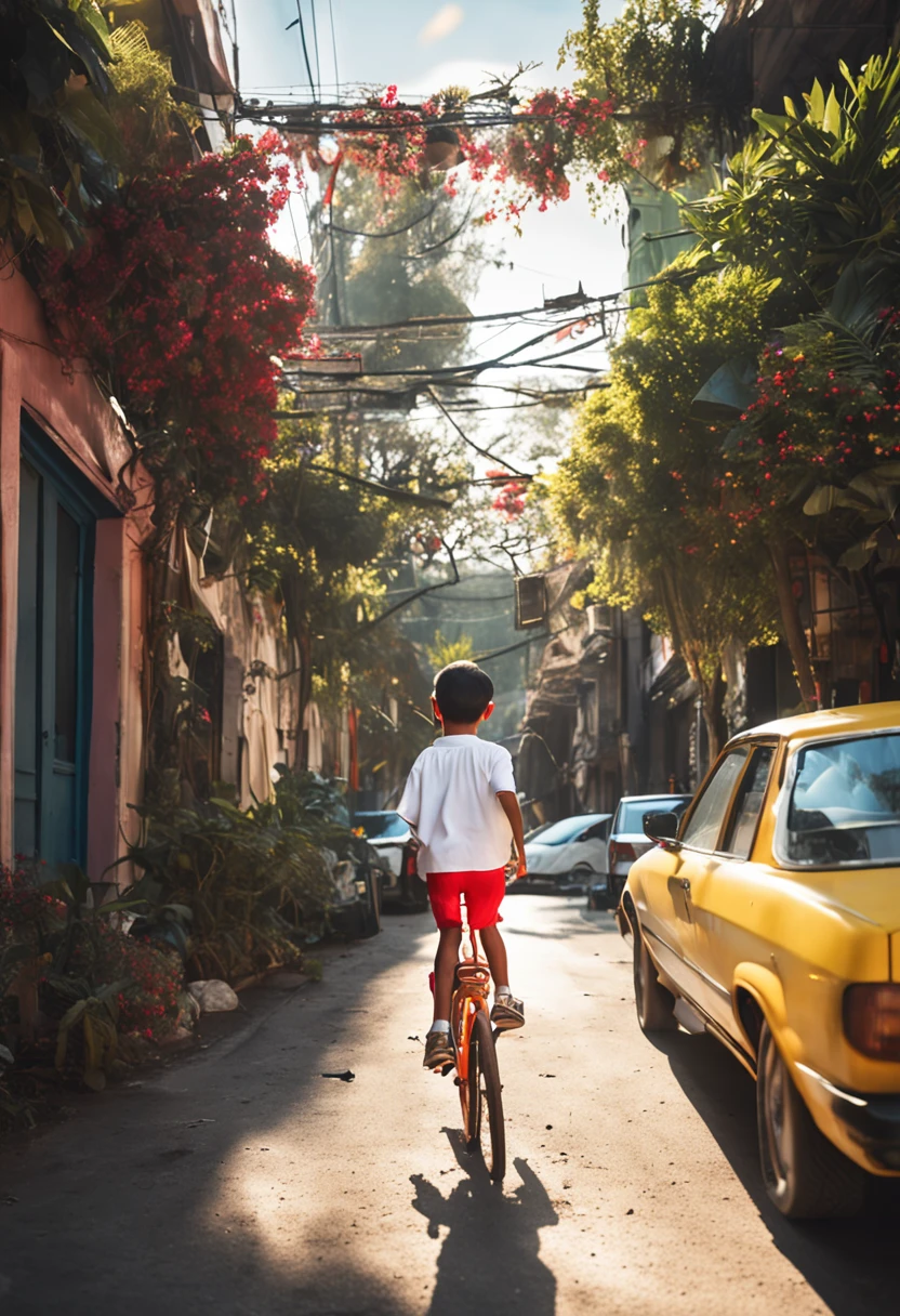 picture of a boy in a white shirt red shorts yellow sneakers on a bicycle running between cars