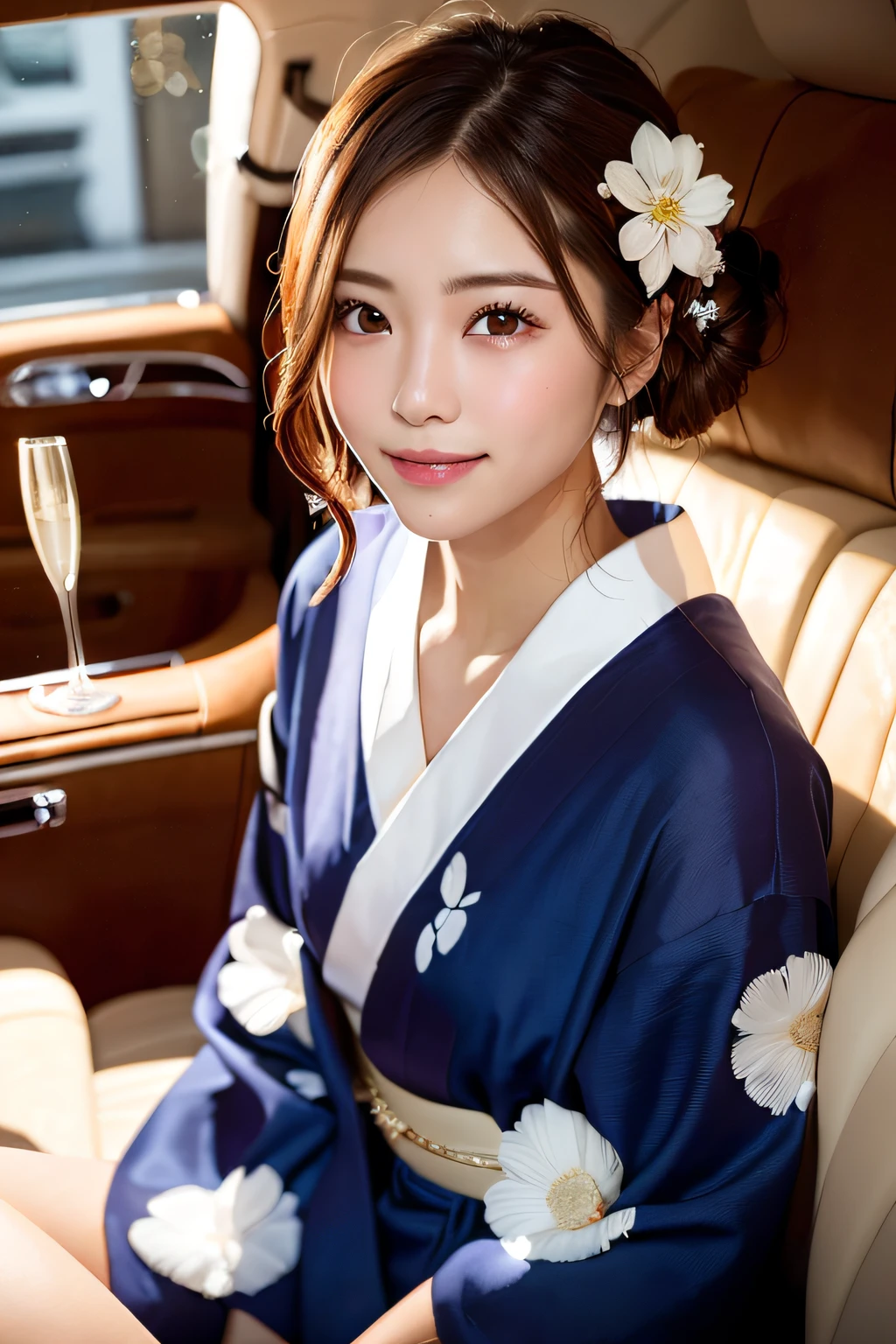 first-person-view, (masterpiece:1.3), high resolution, ultra detailed, extremely detailed CG unity 8k wallpaper, realistic, photo-realistic, RAW photo, beautiful detailed face, pale skin, realistic glistening skin, detailed cloth texture, detailed hair texture, Perfect body, Beautiful Face, accurate, Anatomically correct, Highly detailed face and skin texture, natural neck length, (beautiful hands), (fair skin:1.2), Thin legs, Thin feet, Well-aligned teeth, 
BREAK, 
Detailed eyes, symmetric eyes, Light Brown eyes, Double eyelids, Thin eyebrows, (Glossy lips:1.4), ((Gently smile:1.2)), (blush:1.1), (A sparkling small hair accessory:1.1), 
BREAK, 
(A classy and Cute girl:1.3), (1 girl, solo), (Wearing A classy navy blue yukata with white flower patterns:1.3), 
BREAK, 
medium large breasts, slender figure, firm abs, beautiful clavicle, ((updo hairstyle:1.2)), (Dark blonde hair), ((wavy hair, long hair:1.2)), 
(Upper body shot:1.2), (looking at viewer), From front, 
BREAK, 
((Sitting opposite on the luxury seat of a Limousine:1.3)), ((To toast with a champagne glass at Night:1.4)),