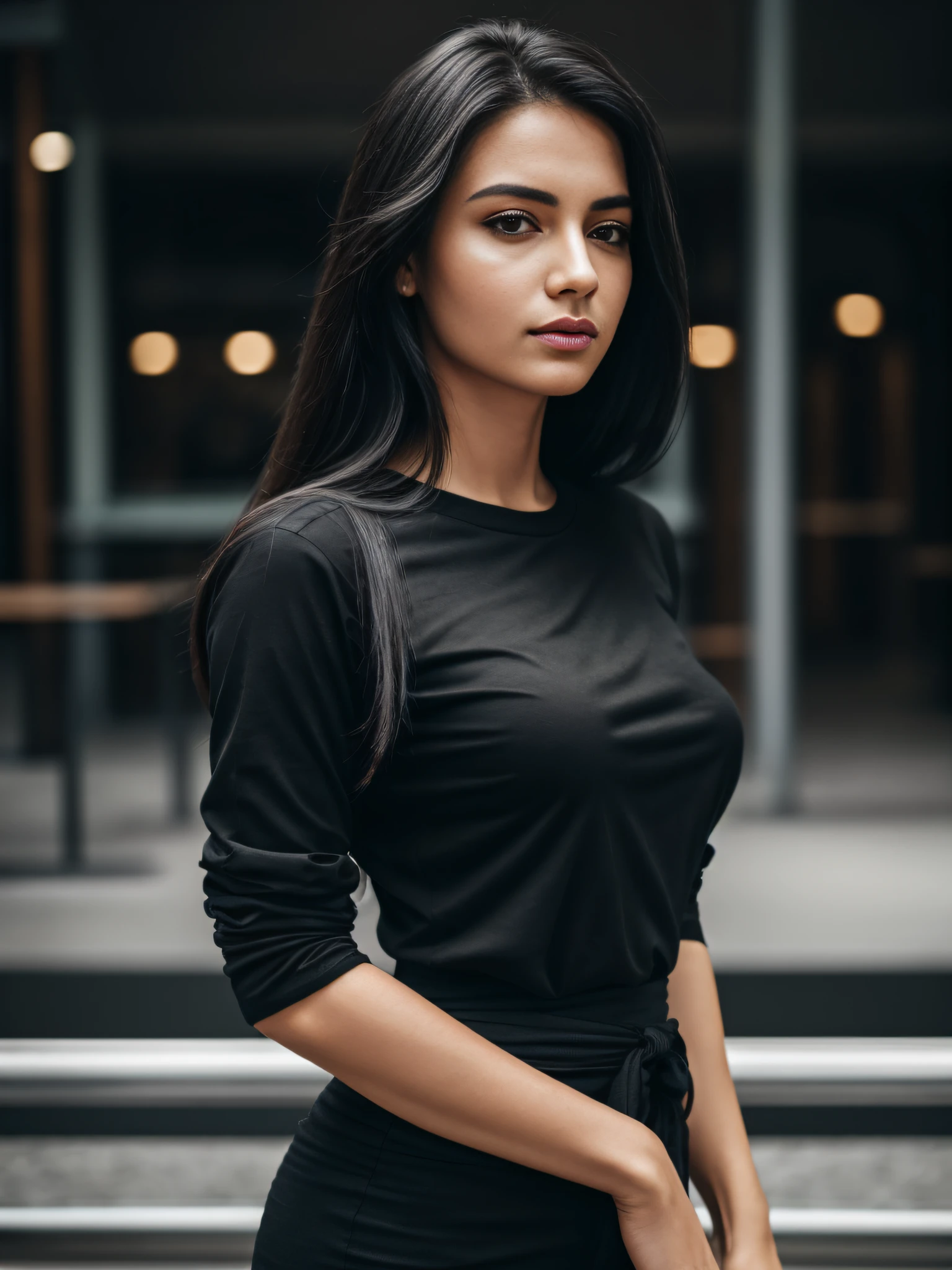 Black shirt mock up, Lady wearing black shirt, Plain black shirt, Model, Model pose, looking away, waist up, Photograph for mockup, Photorealistic, raw photo, bokeh background, creative photography, Detailed, best quality, 8k, showing shirt, Shirt ad post, front view,