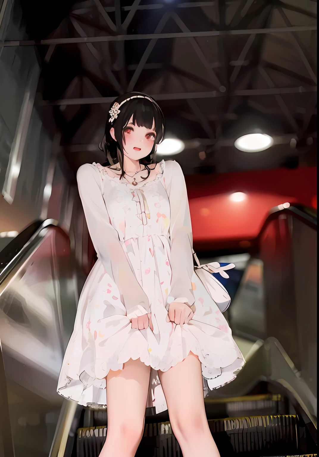Arapi girl in white dress on escalator, loli in dress, shikamimi, chiho, cute anime waifu in a nice dress, fairy core, Anime girl cosplay, pale young ghost girl, trending at cgstation, belle delphine, white hime cut hairstyle, cutecore, ❤🔥🍄🌪, sakimichan