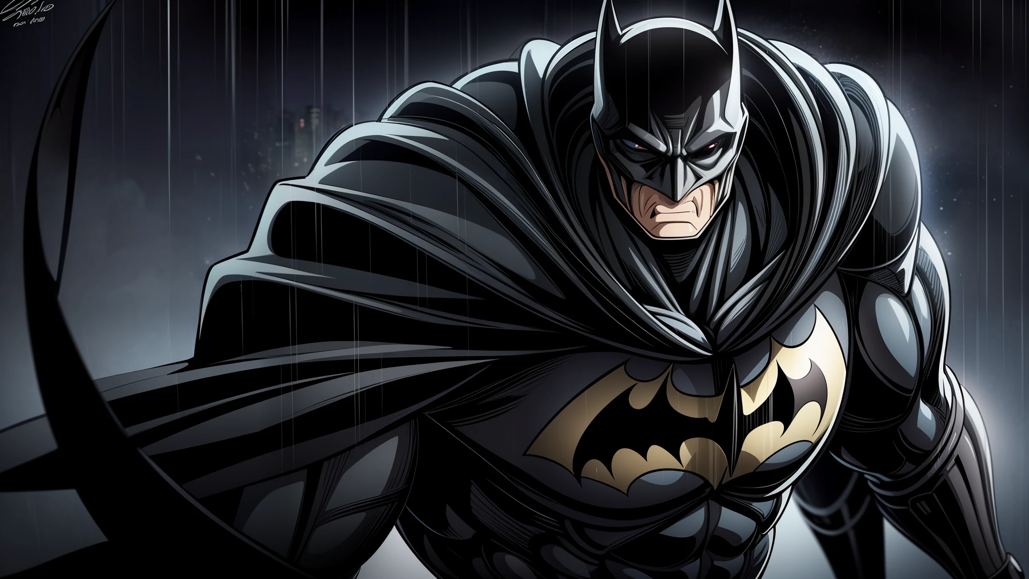 An intricate batman as an anime character, extremely detailed suit, batman, muscular, micro-details, photorealism, one light, dark photo, deep shadows, shallow depth of field, photorealistic, Surrealism, high quality, masterpiece, 8k, 8k, super detail, raining,