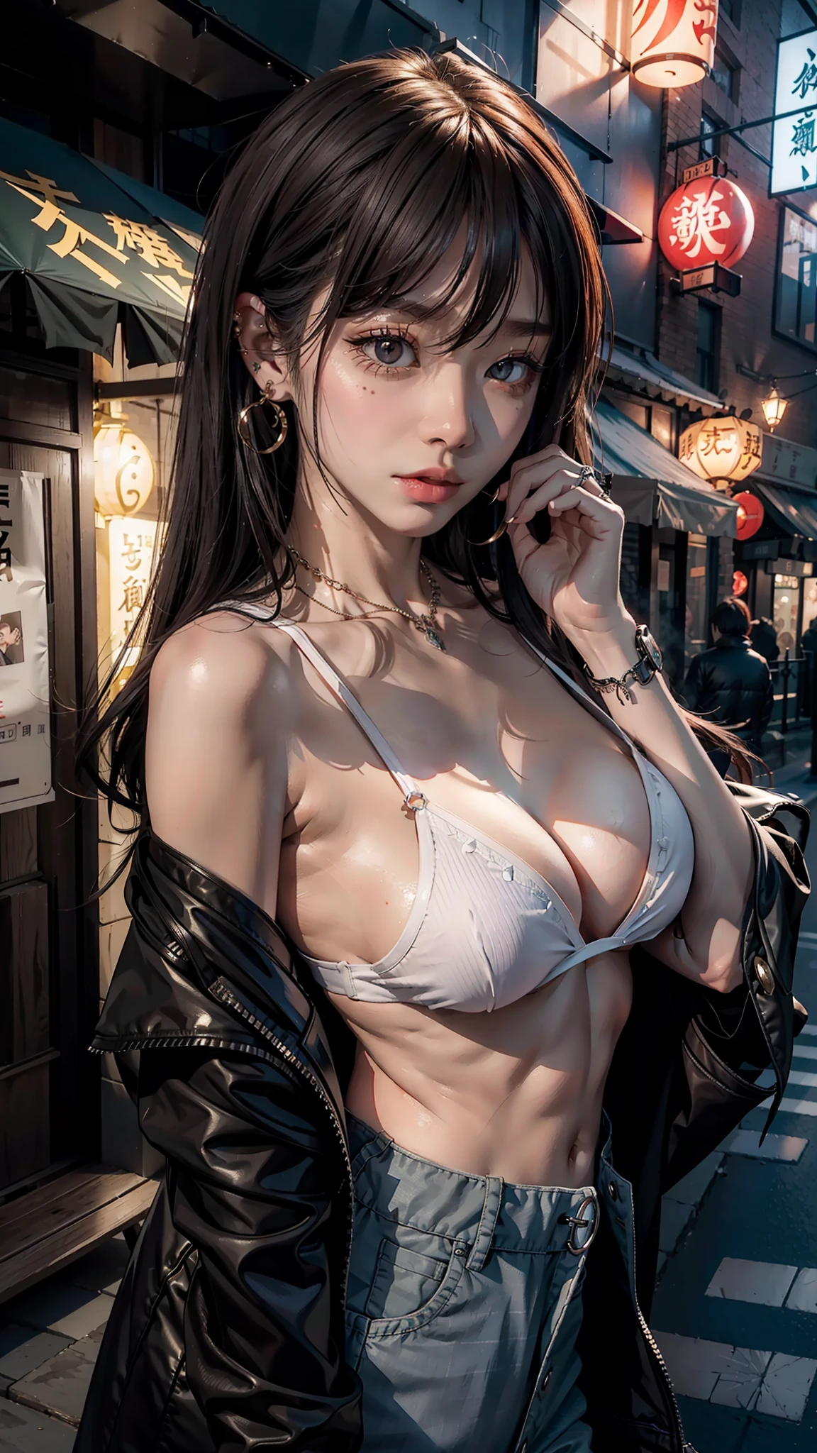 best qualtiy，tmasterpiece，超高分辨率，（realisticlying：1.4），RAW photogr，（Evening Street），1个Giant Breast Girl，黑The eye，looking at viewert，long whitr hair，Light makeup，Do the action of biting your lip，tiny ears，耳Nipple Ring，Bigchest，slim，exposed，The body faces the viewer，