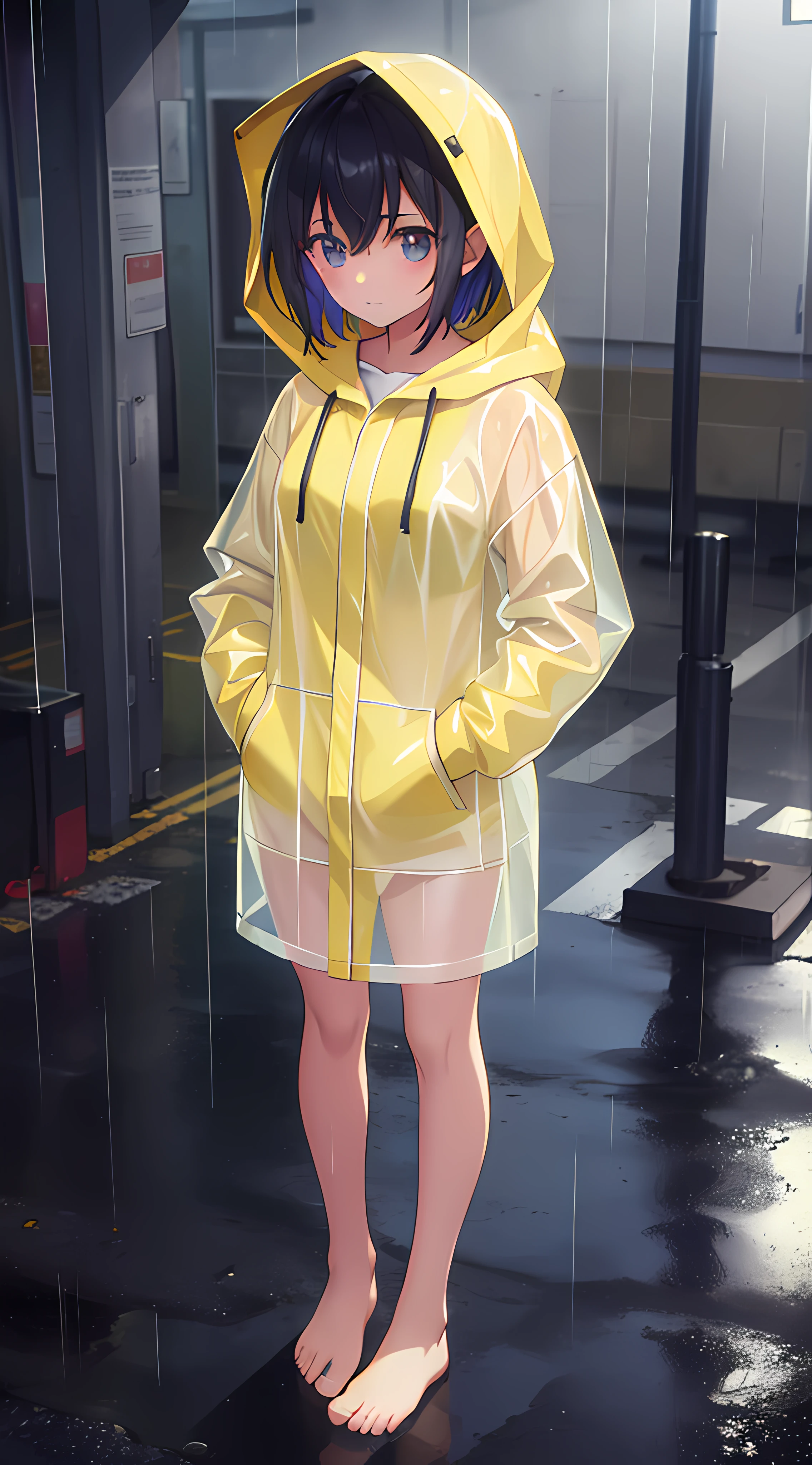 A -year-olrl,Wea yellow hooded raincoat,stand posture,full body pov,Bare legged,Barefoot,Standing in heavy rain,Accentuate the texture of raincoats and gelcoats,Accentuates the translucent texture of the raincoat