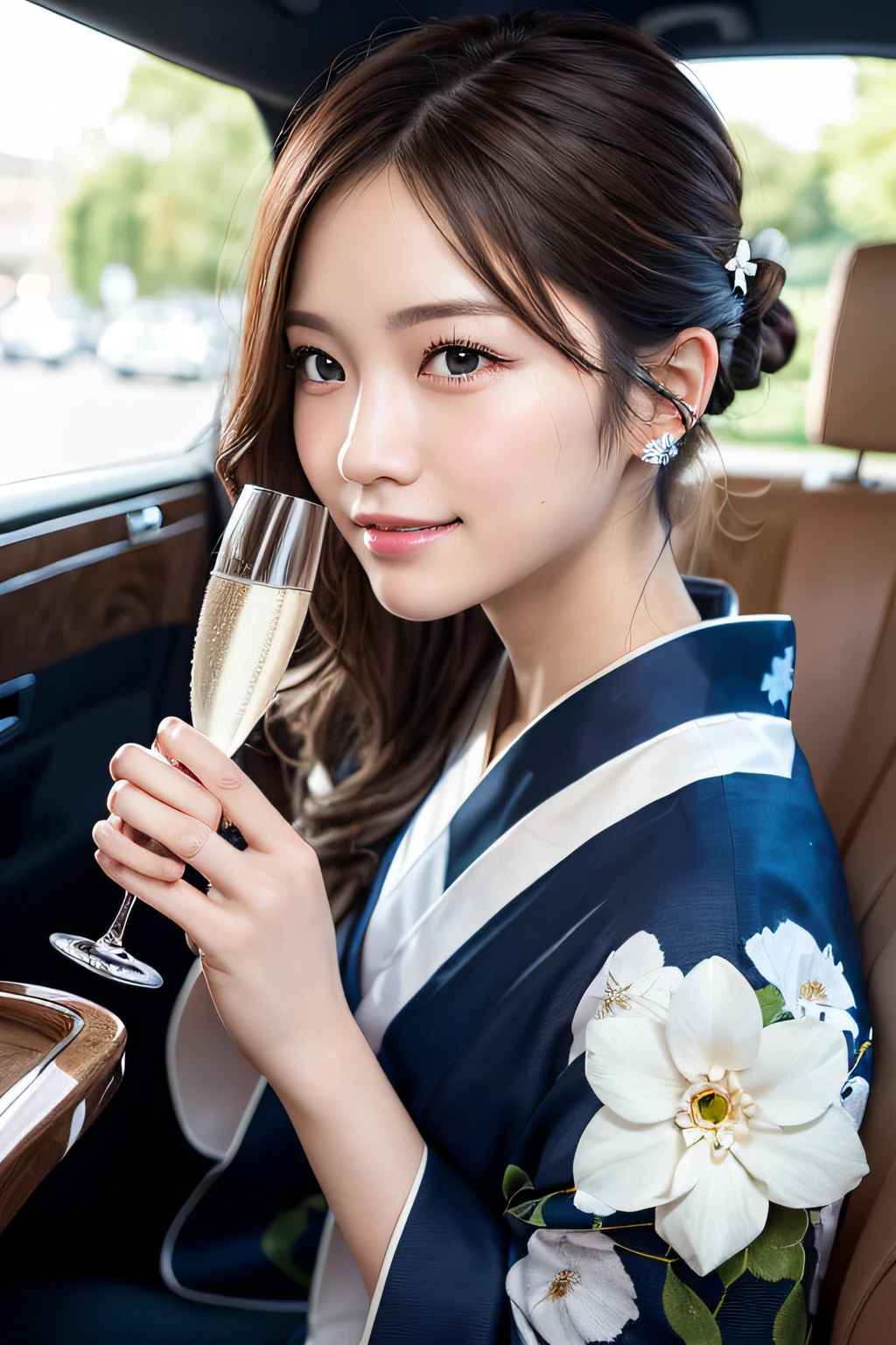 first-person-view, (masterpiece:1.3), high resolution, ultra detailed, extremely detailed CG unity 8k wallpaper, realistic, photo-realistic, RAW photo, beautiful detailed face, pale skin, realistic glistening skin, detailed cloth texture, detailed hair texture, Perfect body, Beautiful Face, accurate, Anatomically correct, Highly detailed face and skin texture, natural neck length, (beautiful hands), (fair skin:1.2), Thin legs, Thin feet, Well-aligned teeth,
BREAK,
Detailed eyes, symmetric eyes, Light Brown eyes, Double eyelids, Thin eyebrows, (Glossy lips:1.4), ((Gently smile:1.2)), (blush:1.1), (A sparkling small hair accessory:1.1),
BREAK,
(A classy and Beautiful girl:1.3), (1 girl, solo), (Wearing A classy navy blue yukata with white flower patterns:1.3),
BREAK,
medium large breasts, slender figure, firm abs, beautiful clavicle, ((updo hairstyle:1.2)), (Dark blonde hair), ((wavy hair, long hair:1.2)),
(Upper body shot:1.2), (looking at viewer), From front,
BREAK,
((Sitting opposite on the luxury seat of a Limousine:1.2)), ((To toast with a champagne glass at Night:1.4)),