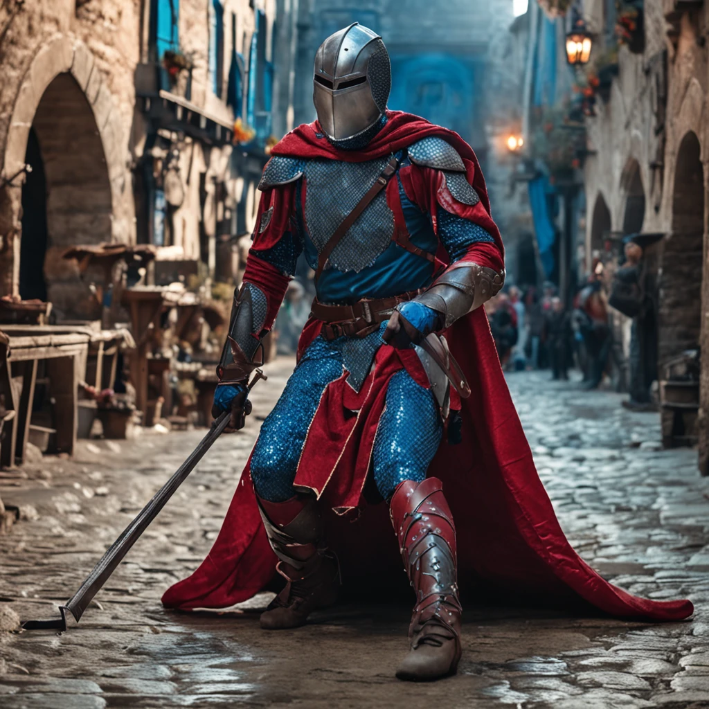 Marvel at the magical spider - the man who served as a medieval themed knight, Full set of red and blue glittering armor, Intricate details, Depicted in action poses, holds a spear, Medieval town in the background, Photorealistic, Dramatic lighting, Beautiful color grading, 8K resolution, Shot with Canon EOS C70 RF24–105mm lens