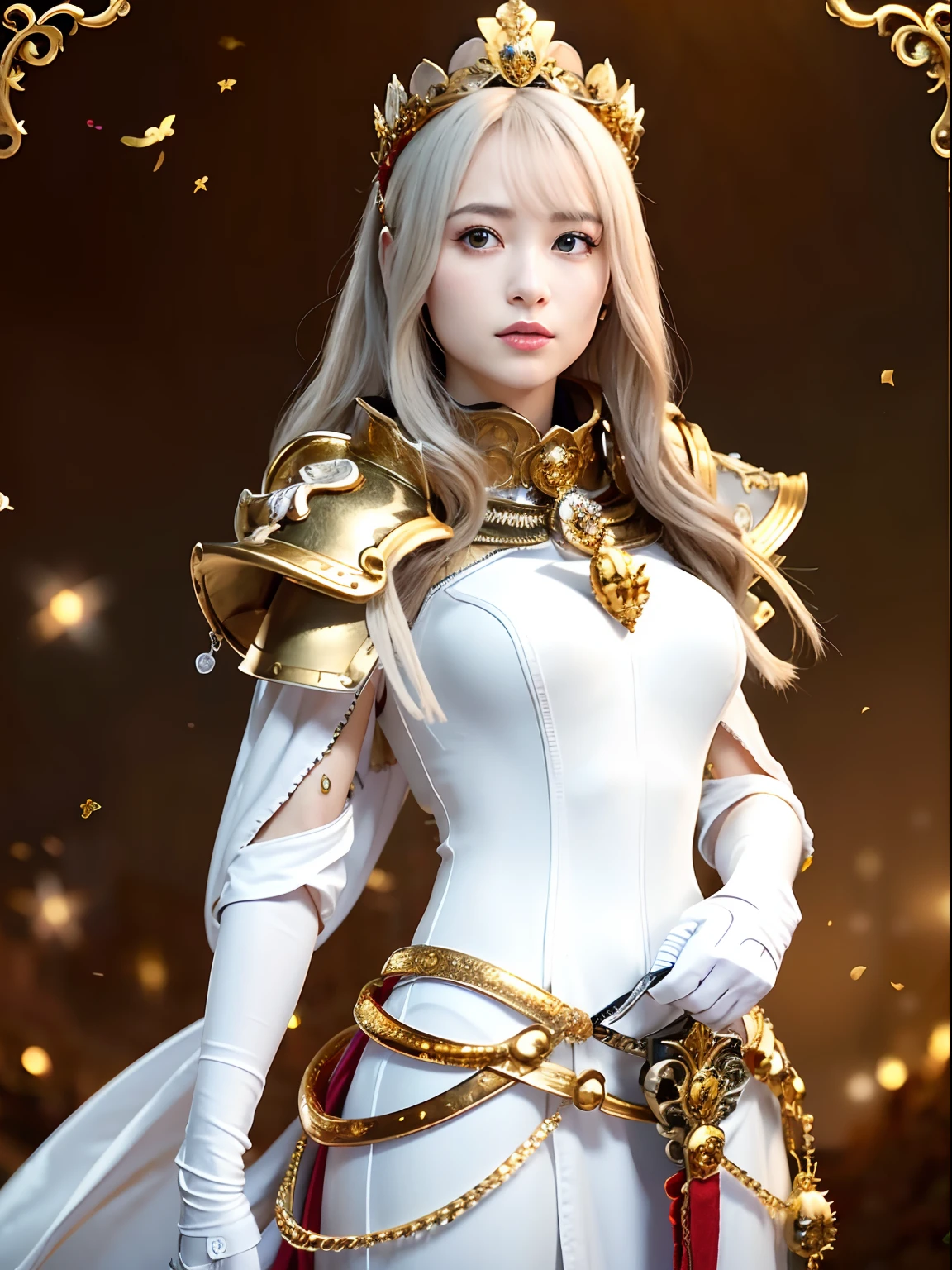 (masutepiece), Professional , masterpiece、top-quality、photos realistic , depth of fields (Gemstone White Metal Body:1.9),(Matte White、Jewel Gold Weapon(Jewel Metal Body:1.4),Gorgeous metal weapons ,(( Detailed Sword of the Brave)) , Beautiful knife ,warhammer 40k , adepta sororitas,Detail and ornate jewel crown、Golden hair、((Gangle's forest background))、Beautiful Caucasian beauty、1a person、dynamic ungle,(((Detailed and ornate diamond crown)))、Smaller head、A smile、Background inside the castle、Thin and beautiful female hands、cleavage of the breast、Soldier in iron armor on background、Mystical expression、Light Effects、intense fighting、