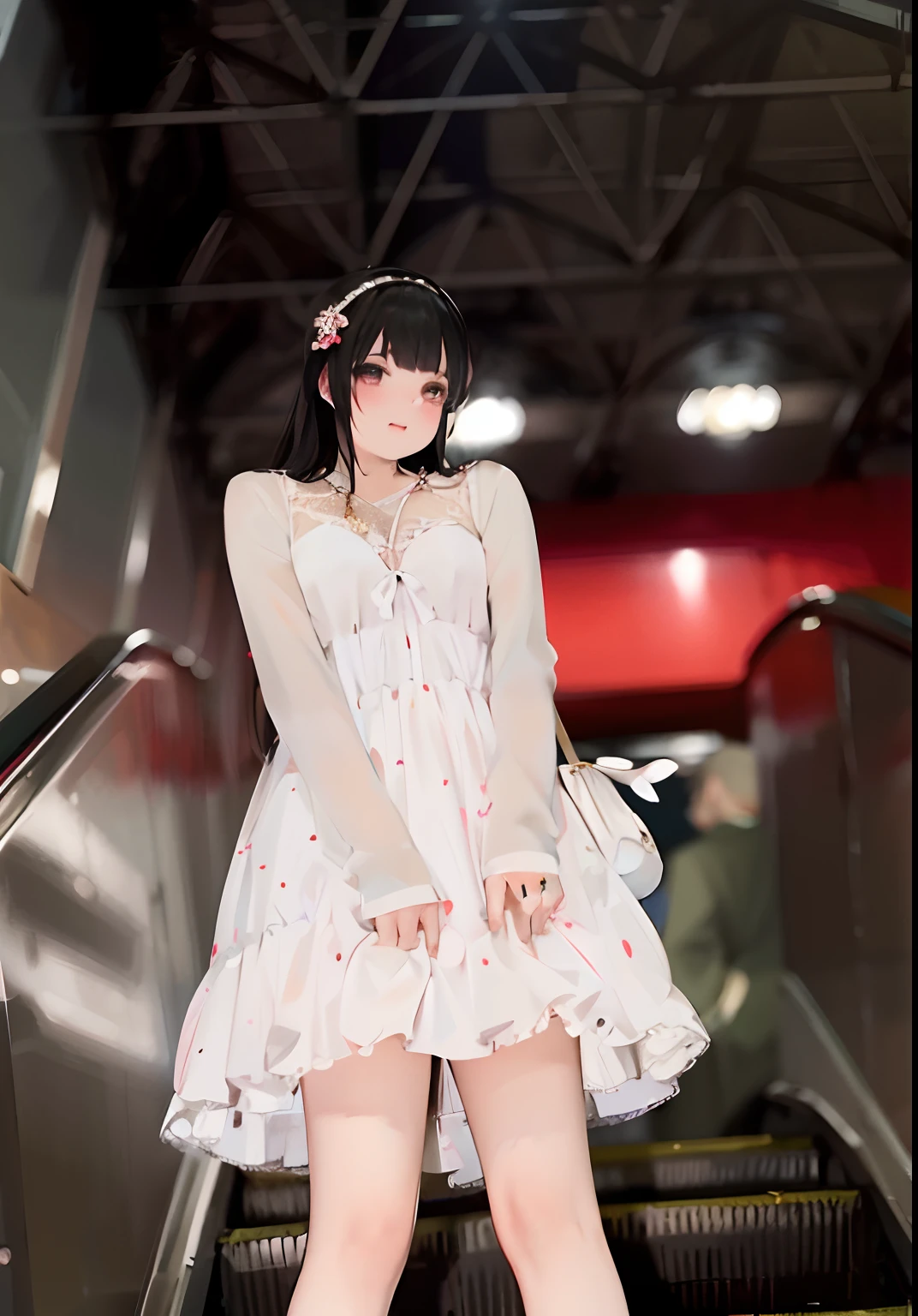 Arapi girl in white dress on escalator, in dress, shikamimi, chiho, cute anime waifu in a nice dress, fairy core, Anime girl cosplay, pale young ghost girl, trending at cgstation, belle delphine, white hime cut hairstyle, cutecore, ❤🔥🍄🌪, sakimichan,The eyes are good-looking