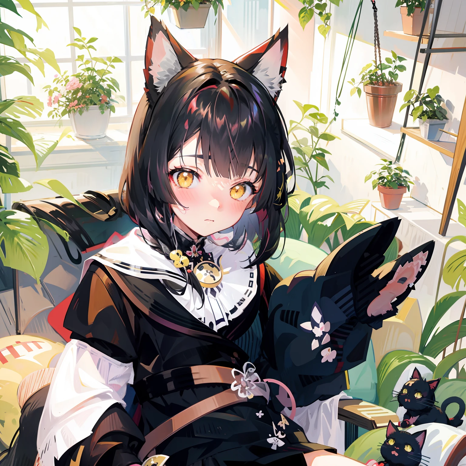 Anime girl with black cat and cat ears sitting on a chair, from arknights, anime visual of a cute cat, Anime girl with cat ears, kawacy, girl with cat ears, beautiful anime catgirl, cute anime catgirl, anime catgirl, anime cat, Very Beautiful Anime Cat Girl, Trending on ArtStation pixiv, from girls frontline