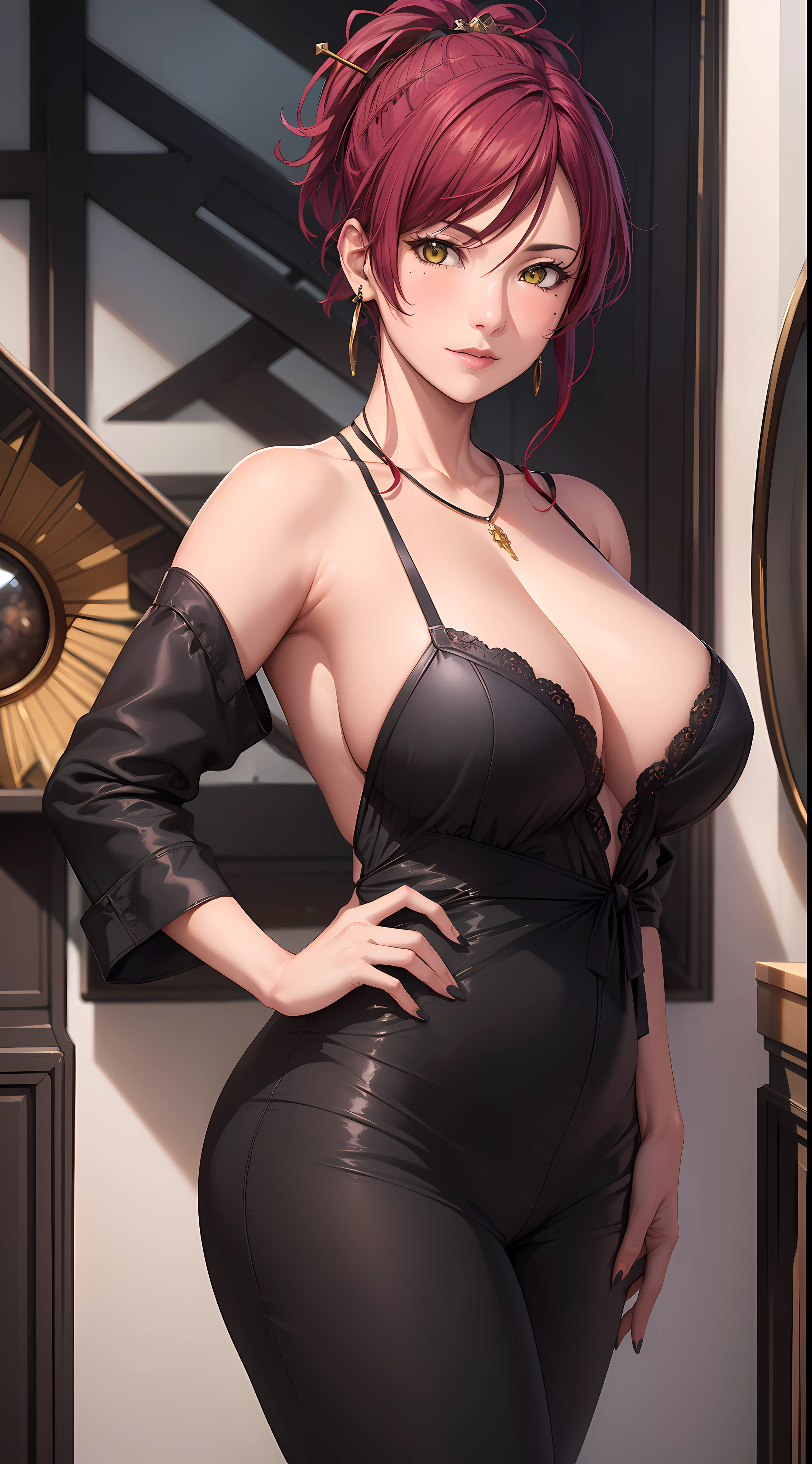 professional artwork, Intricate Details, field of view, sharp focus, detailed painting, photorealistic lighting, trending on pixiv,(masterpiece:1.0),(best_quality:1.0), ultra high res, ultra-detailed, photography, 8K, HDR, highres, absurdres:1.2, Kodak portra 400, film grain, sharp focus, bokeh:1.2, lens flare, (vibrant_color:1.2), Marie Mamiya, mature female, milf, (solo:1.4), (curvy:1.1), (red hair:1.05), hair ornament, (mole under eye:0.9), (yellow eyes:1.05), earrings, (seductive look, blush), bare shoulders, necklace, fingernails, (Large Breasts:1.15), Cleavage, big ass,((upper body, half body shot)), (black jumpsuit:1.4), (((looking at viewer:1.4)))