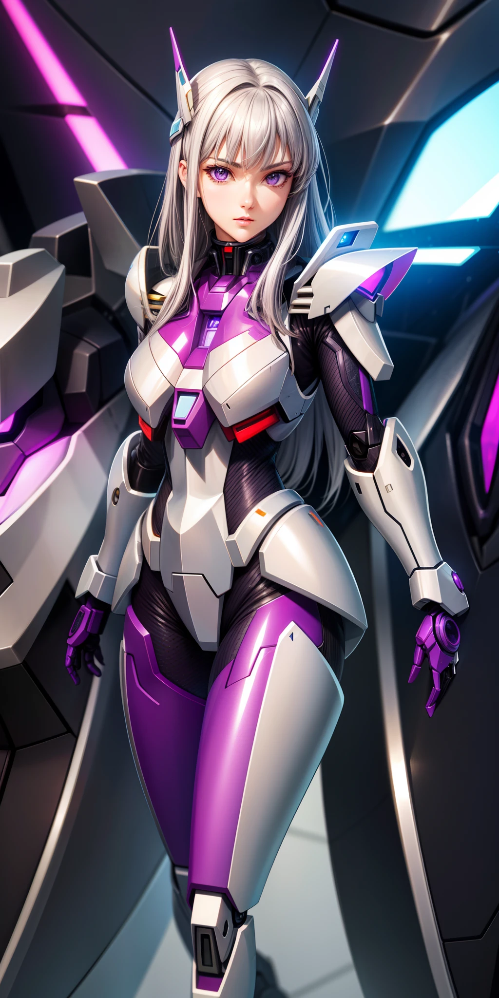 full body picture Unreal Engine 5 8K UHD of beautiful girl, black hair, wearing futuristic white tight battle suit, half face cyberpunk mask, futuristic neck collar, purple light details, beauty makeup, best quality, masterpiece