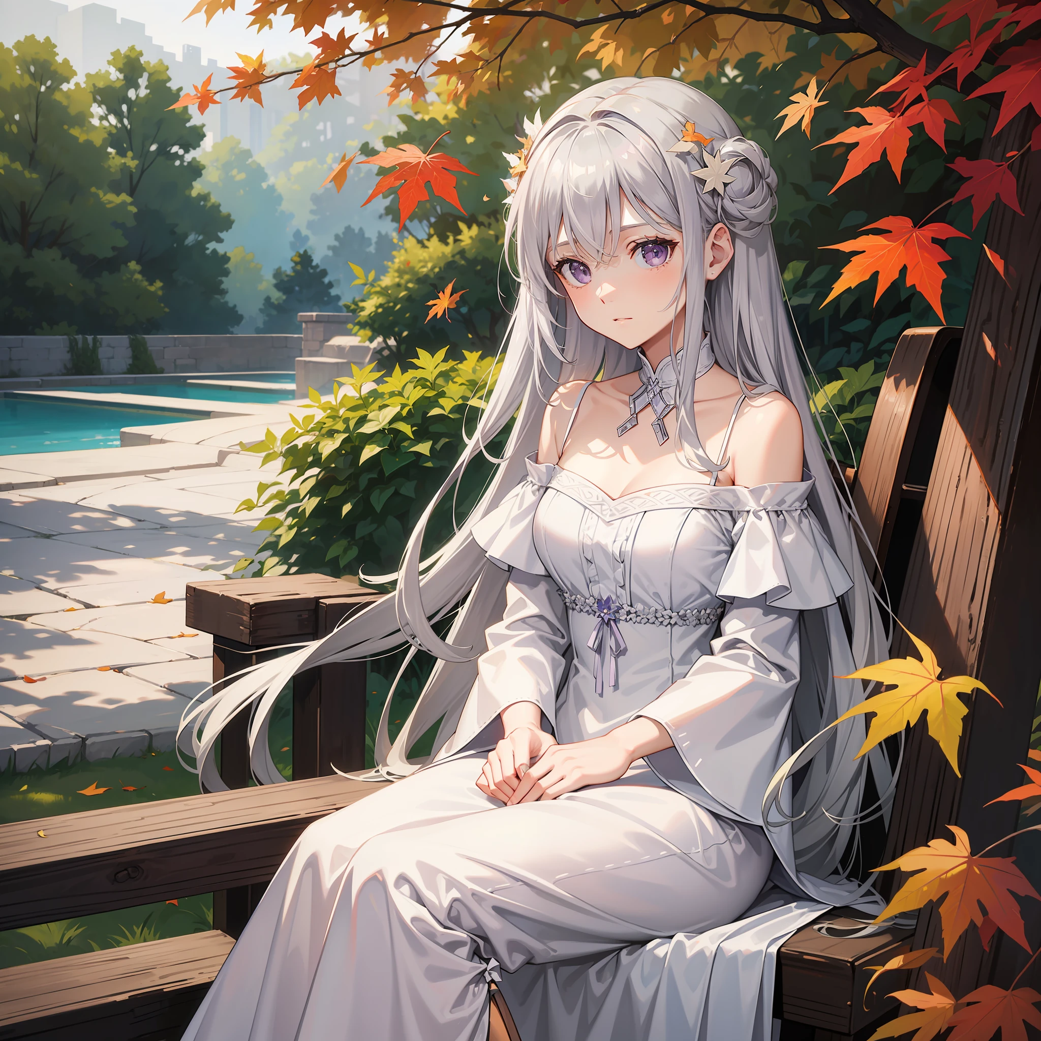 Long silver-gray hair,Lilac eyes,Wearing an off-the-shoulder pale white dress,Sit on a wooden swing,There was a sad look on his face,Maple leaves fall