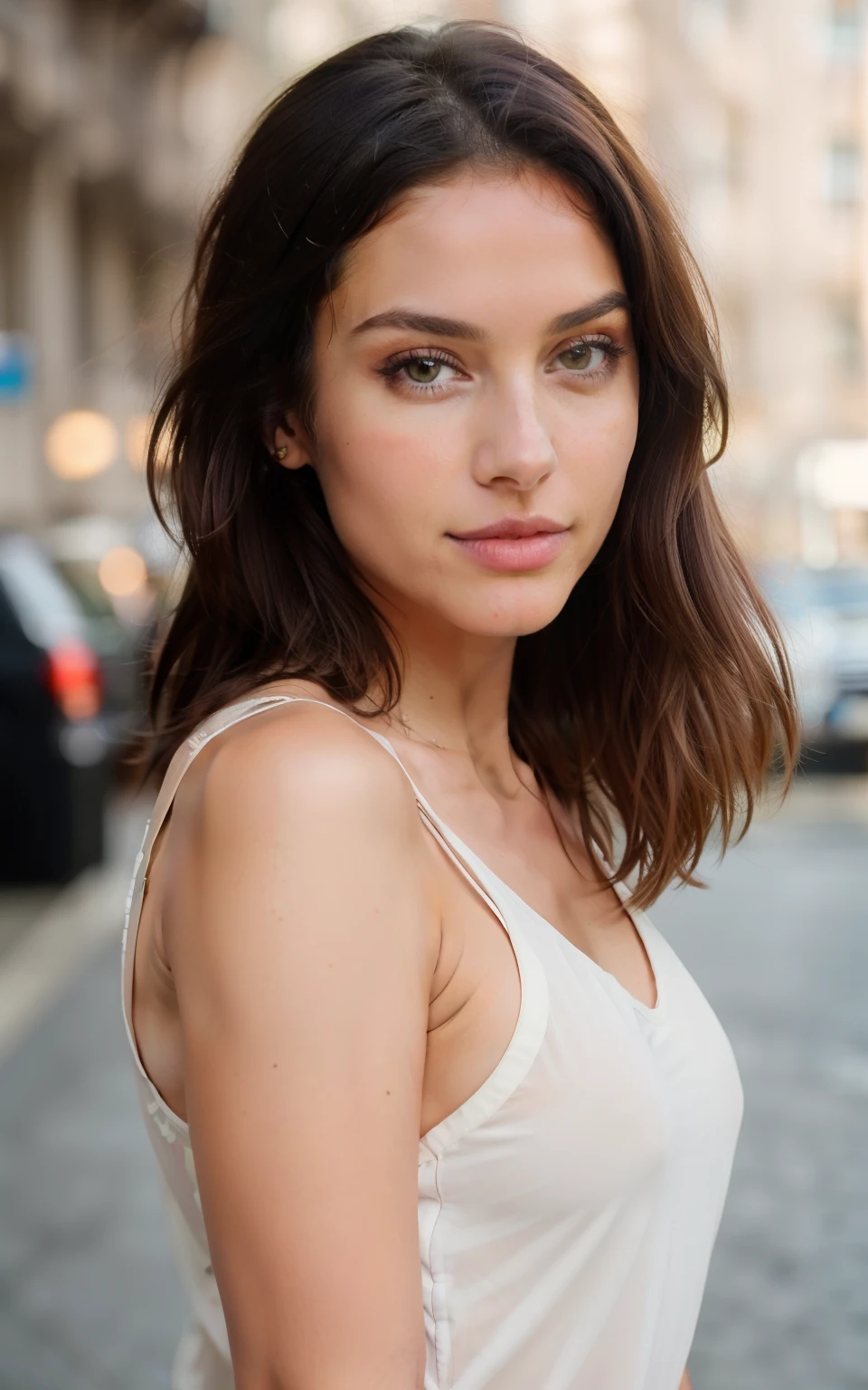 cute beautiful brunette, wearings a minimalistic pijama ,full body, perfect angle, very detailed, 32 years old, flirty face, messy long hair, brown eyes, high-res, masterpiece, best quality,intricate details, highly detailed,sharp focus, detailed skin,realistic skin texture,texture, detailed eyes, professional, 4k, smile, shot on Canon, 85mm,shallow depth of field,kodak vision color, eyeshadow, extremely detailed, photo_\(ultra\), photorealistic, realistic, post-processing, max detail, roughness, real life, ultra realistic, photorealism, photography, 8k uhd, photography, braless,