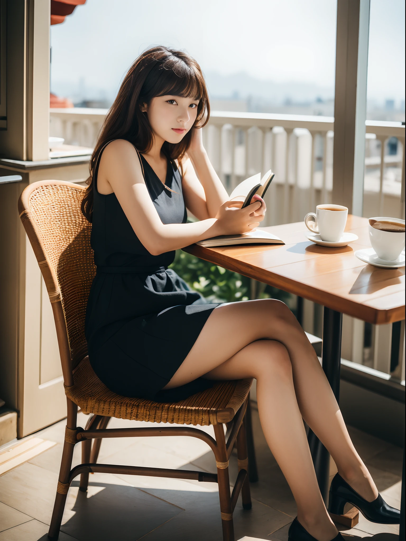 Full body shot, From Side, (8K, Raw photography, top-quality, masuter piece:1.2), ultra-detailliert, ultra res, (realisitic, rialistic photo:1.37), (14 years old girl, Bangs, detailed dress, pumps, Pose showing clothes), semi long hair, (Sitting on a chair on the terrace of a café and reading a book:1.37), Side table with coffee, very beautiful background, Retro portrait