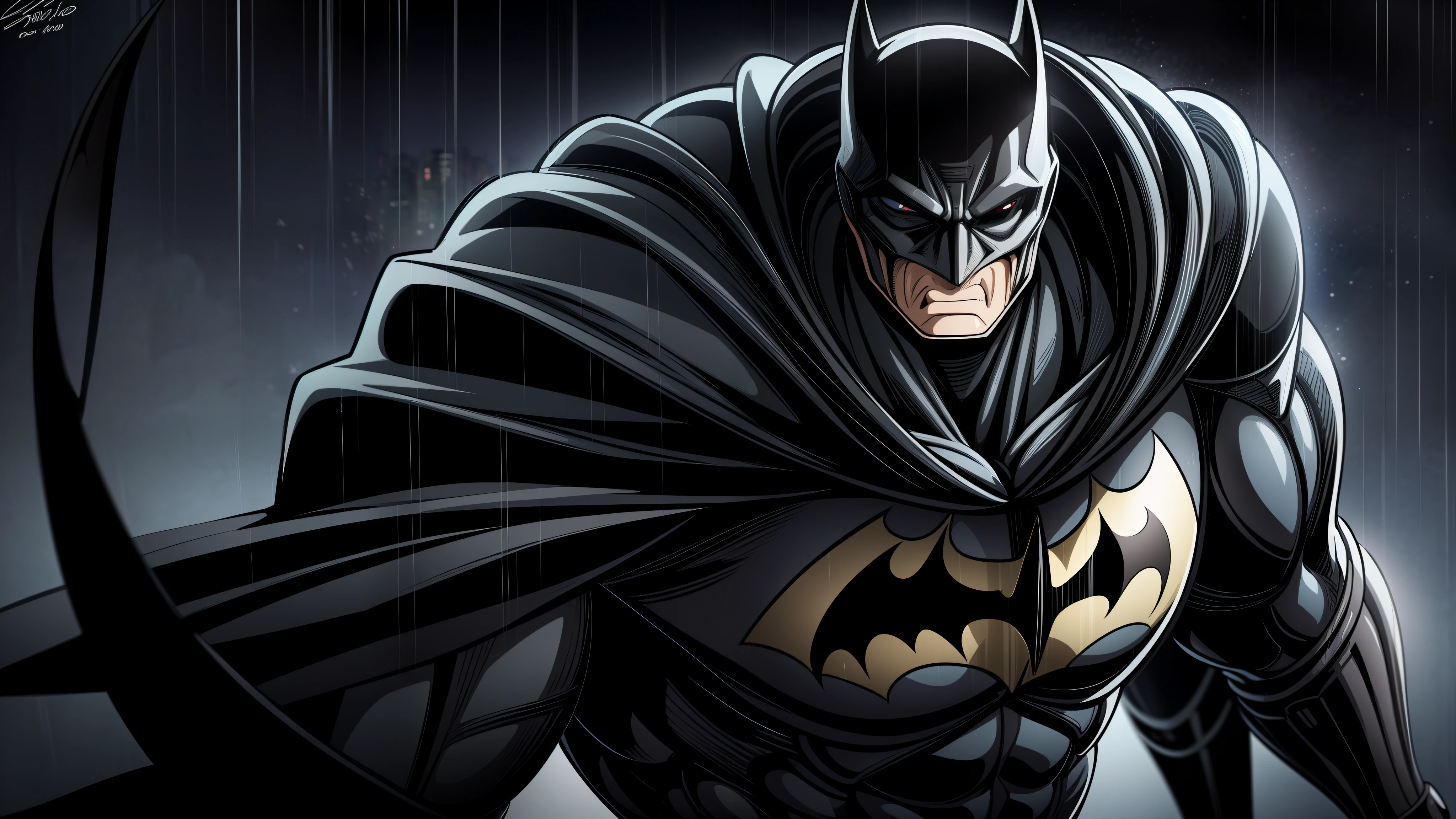An intricate batman as an anime character, extremely detailed suit, batman, muscular, micro-details, photorealism, one light, dark photo, deep shadows, shallow depth of field, photorealistic, Surrealism, high quality, masterpiece, 8k, 8k, super detail, raining,