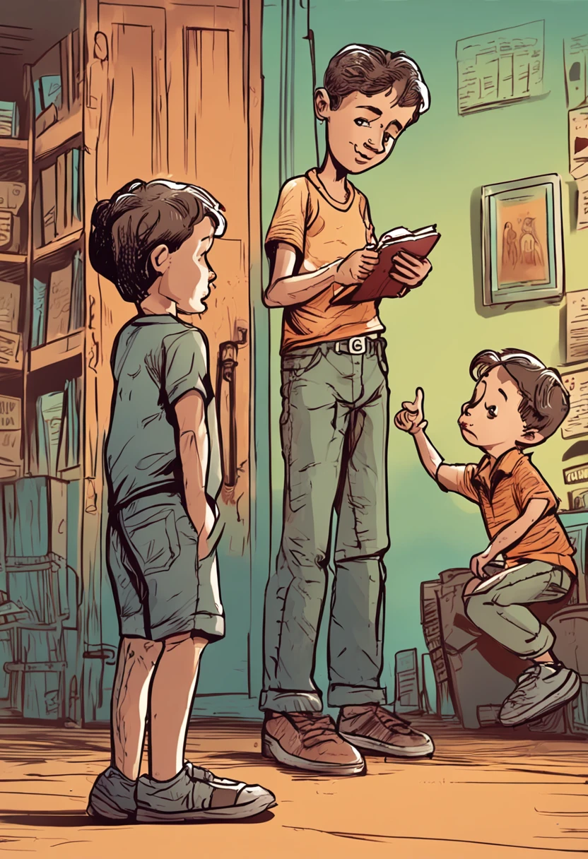 boy standing front in various positions and reactions to a book illustration