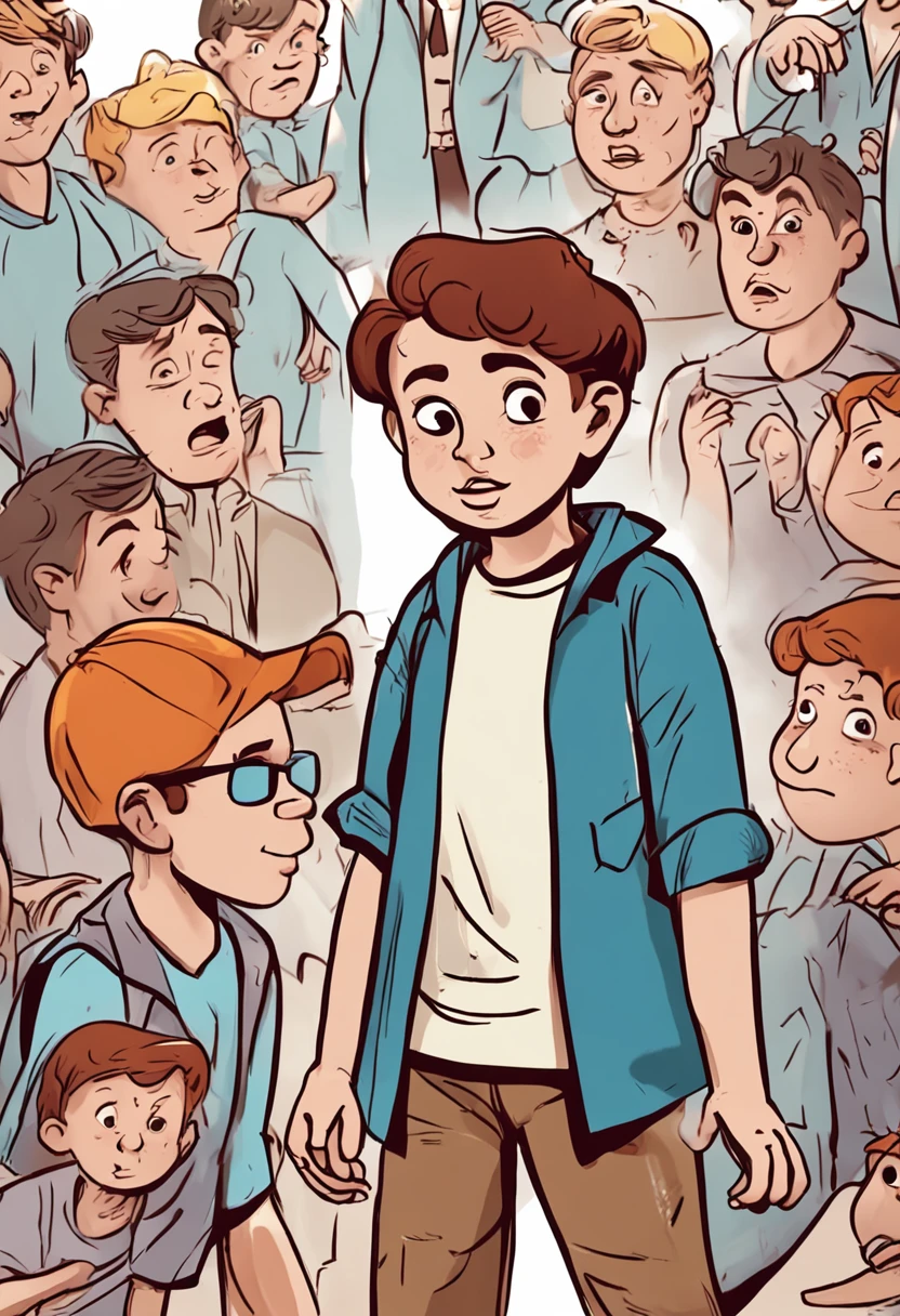 boy standing front in various positions and reactions to a book illustration