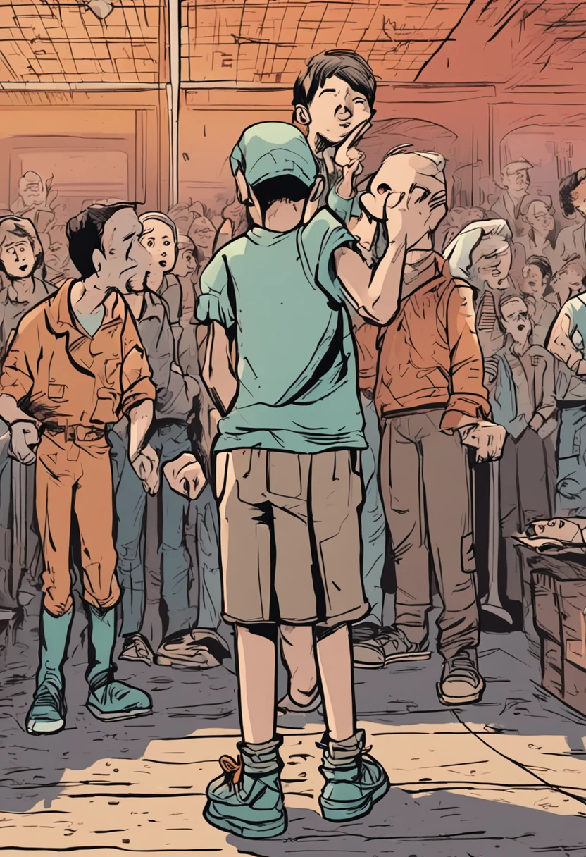 boy standing front in various positions and reactions to a book illustration