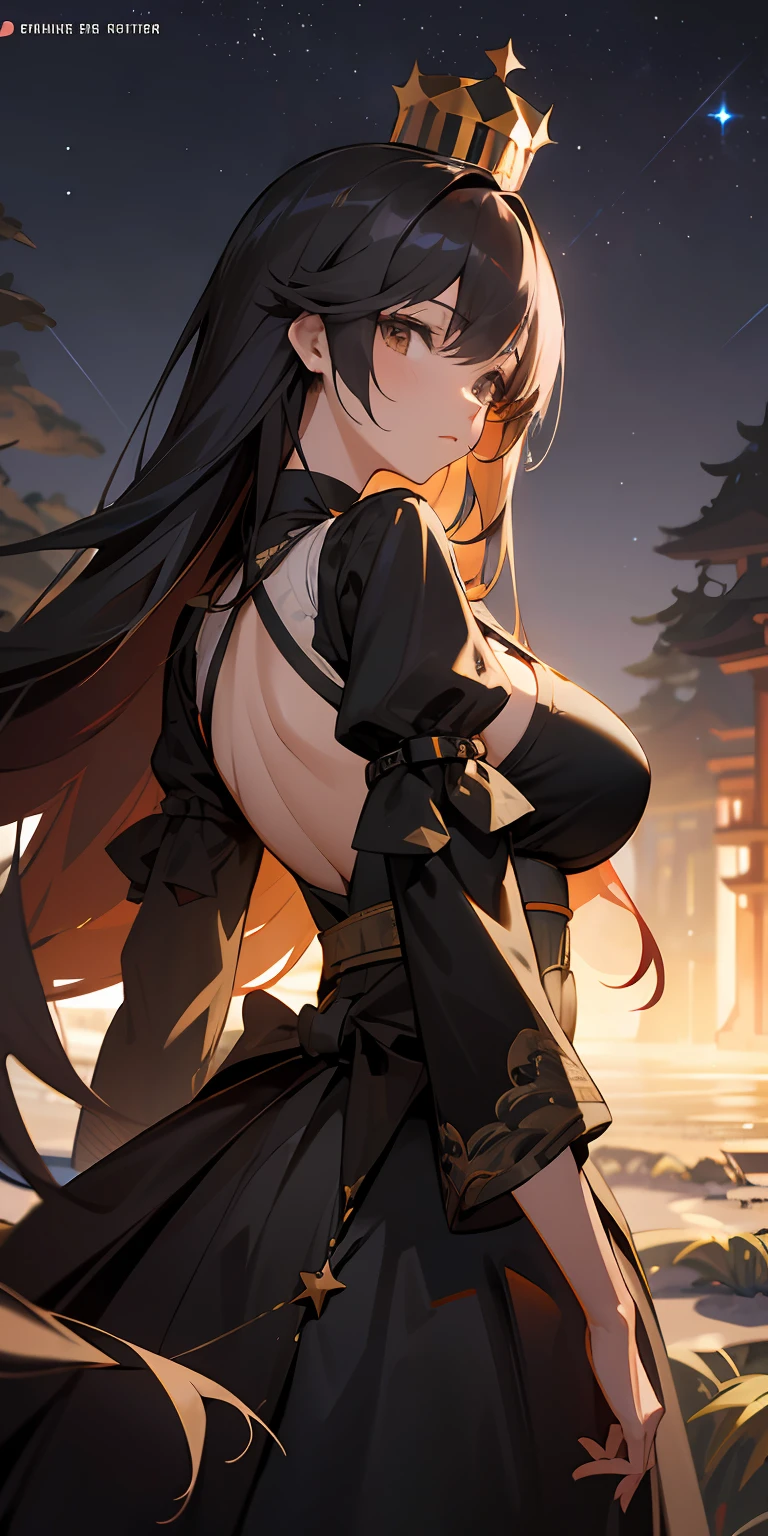whaite hair, Black dress, starrysky, anime big breast, crown, back lit lighting, 8K, Super detail, Masterpiece, ccurate, High details ，Japanese manga style