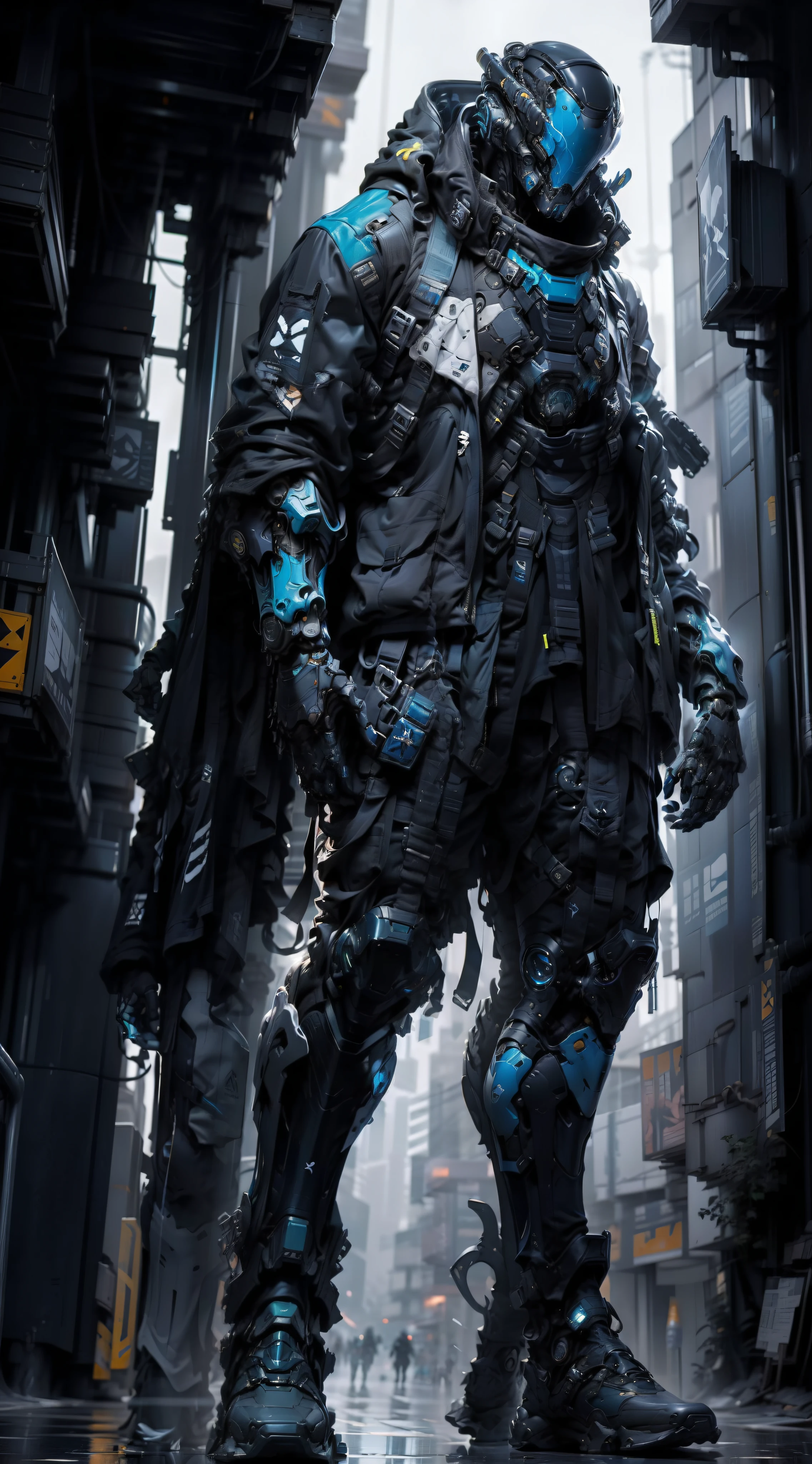 full body plane, a futuristic-looking ((blue chrome cyborg)) man with a fantastic ((square cyberhelmet head with blue lights)), wearing a pair of ((iron gray tactical gloves)), dressed in a ((blue techwear jacket)) and a ((black tactical trousers)), standing in cyberpunk city, face focus UHD, anatomically correct, best quality, masterpiece