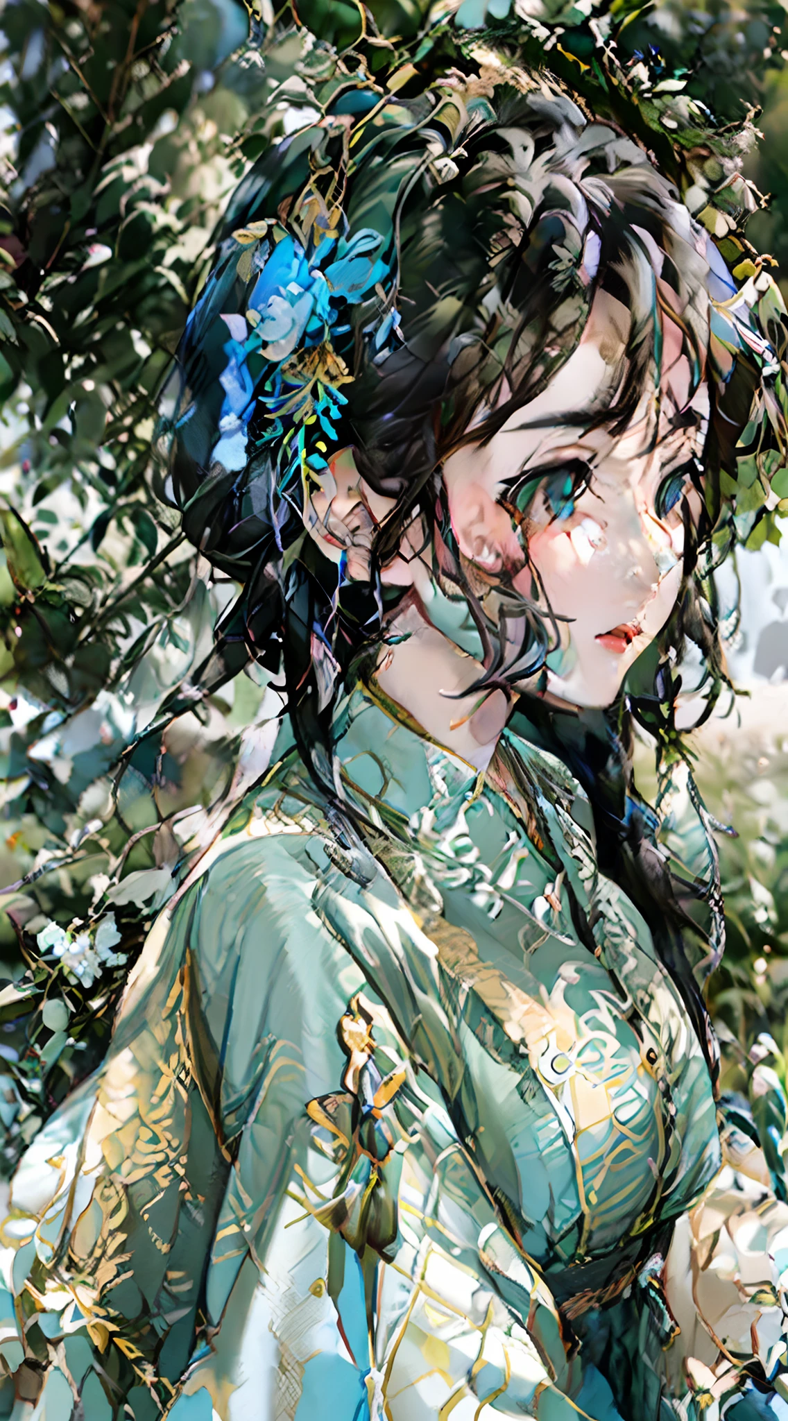 Mature boy, Turquoise eyes, Black and white hair color, Floating hair, detailed and delicate and flexible eyes,Perfect hands, Intricate damask hanfu, Side view, fov, f/1.8, Masterpiece, Ancient Chinese architecture, Blue sky, Flower petals flying, front portrait shot, Chang'e, Side lighting, sunlight on people, 8K