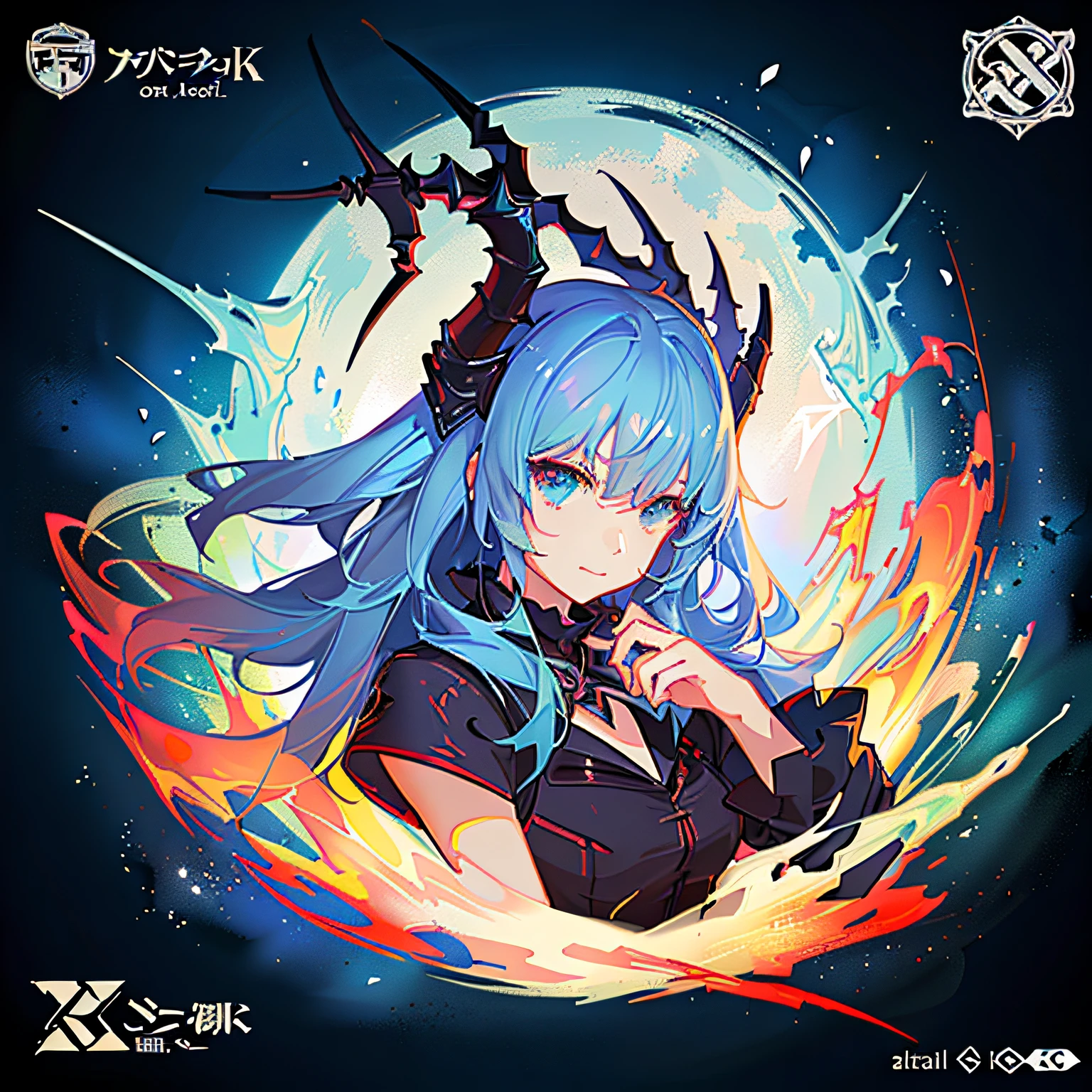 Anime girl with horns and red dress with blue hair, Anime moe art style, Portrait of the Ark of Tomorrow, From Arknights, Detailed digital anime art, Official artwork, trending on artstation pixiv, Detailed key anime art, Digital anime illustration, detailed anime character art, Digital art on Pixiv